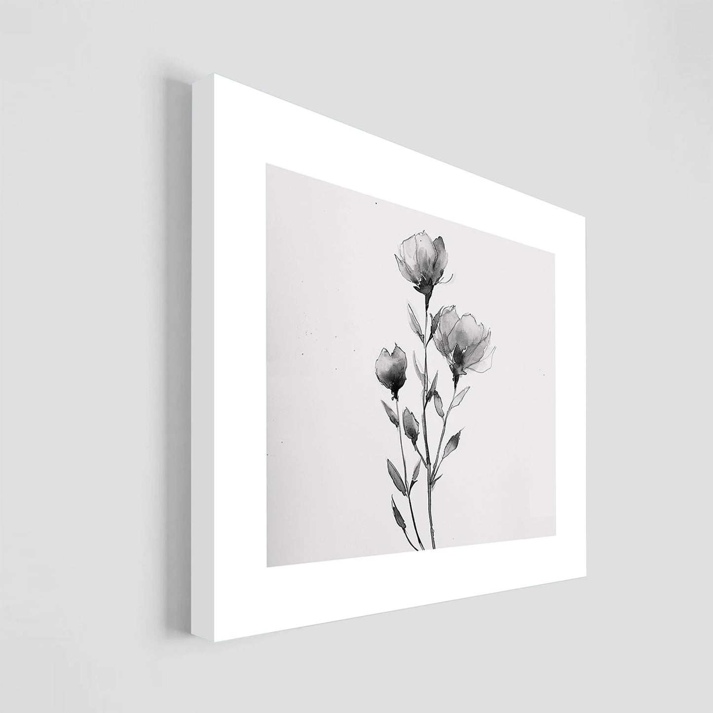 Dibujo minimalista en blanco y negro de una flor solitaria con pétalos delicados. La obra destaca por su simplicidad y elegancia, ideal para decoración moderna de interiores que buscan un toque sutil y sofisticado.