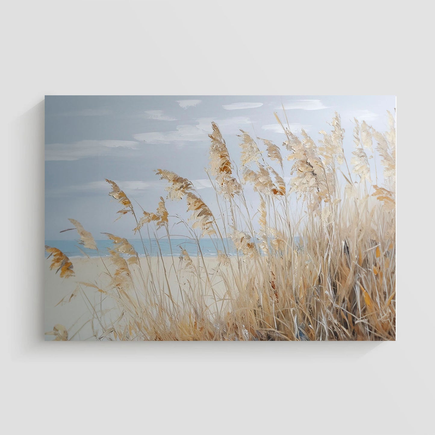 Pintura de una playa con hierba seca meciéndose al viento y un paisaje costero en tonos suaves.