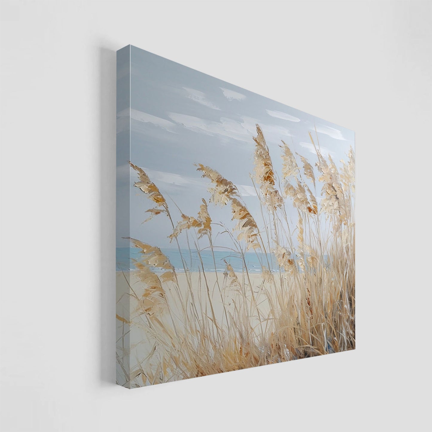 Pintura de una playa con hierba seca meciéndose al viento y un paisaje costero en tonos suaves.