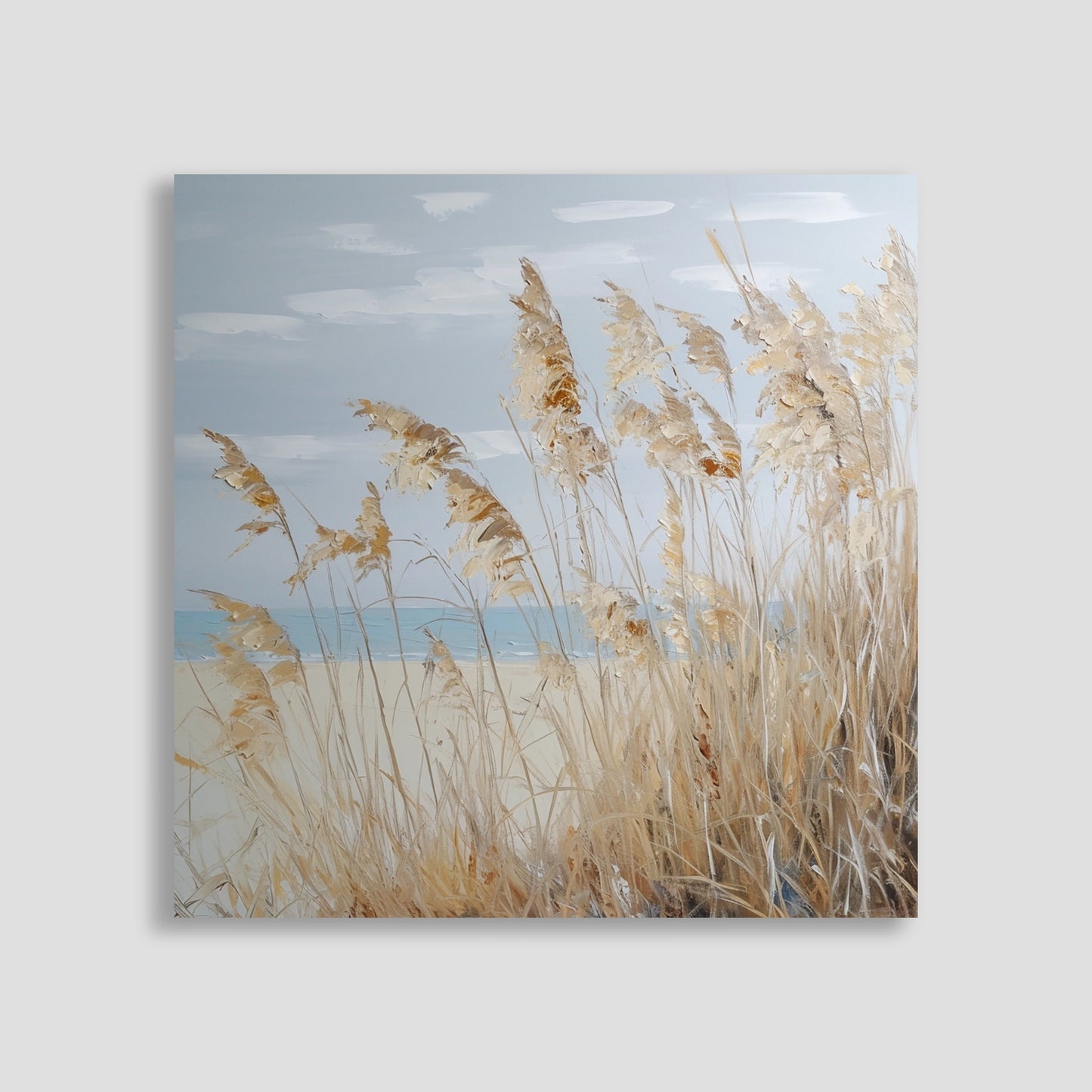 Pintura de una playa con hierba seca meciéndose al viento y un paisaje costero en tonos suaves.