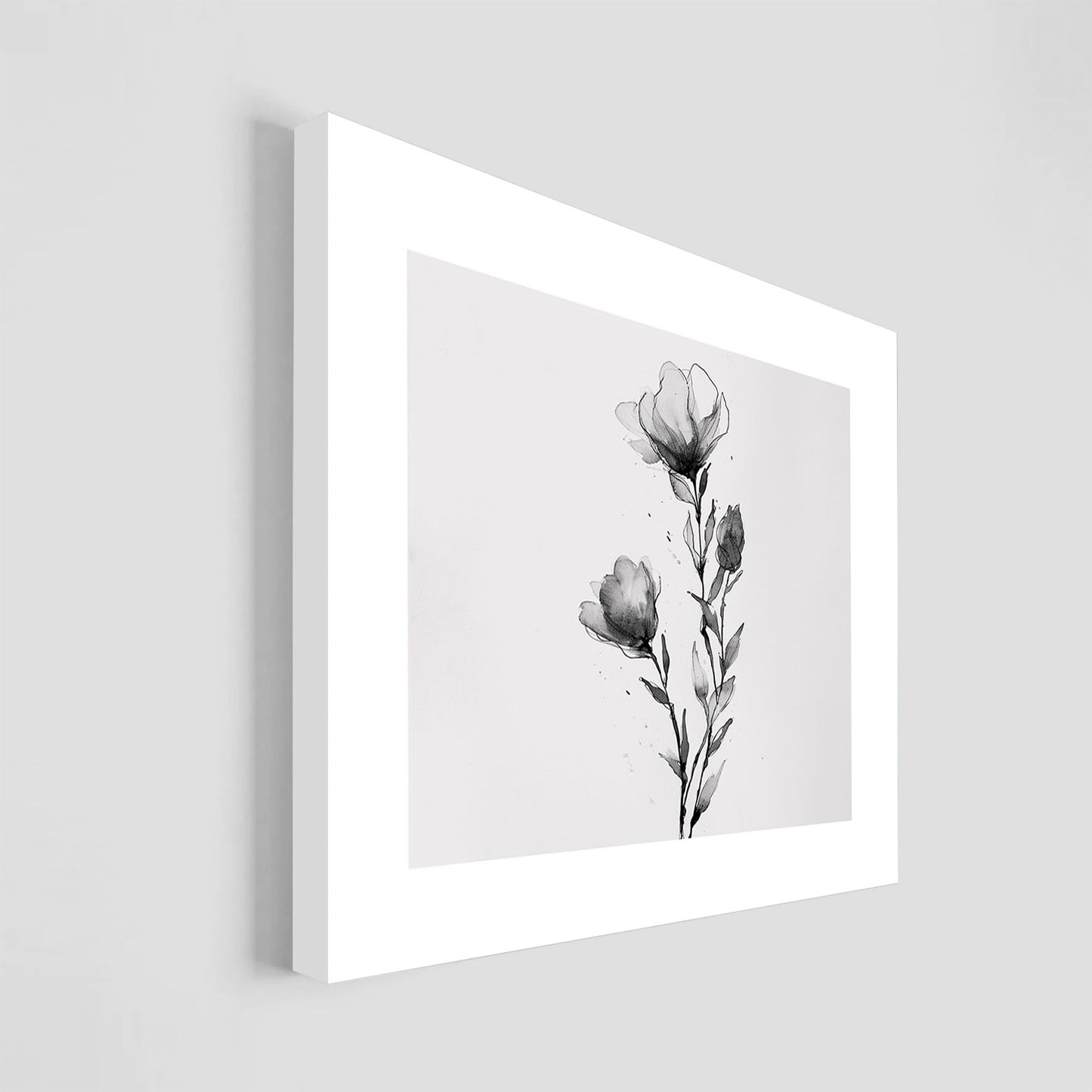 Dibujo minimalista en blanco y negro de una flor solitaria con pétalos delicados. La obra destaca por su simplicidad y elegancia, ideal para decoración moderna de interiores que buscan un toque sutil y sofisticado.