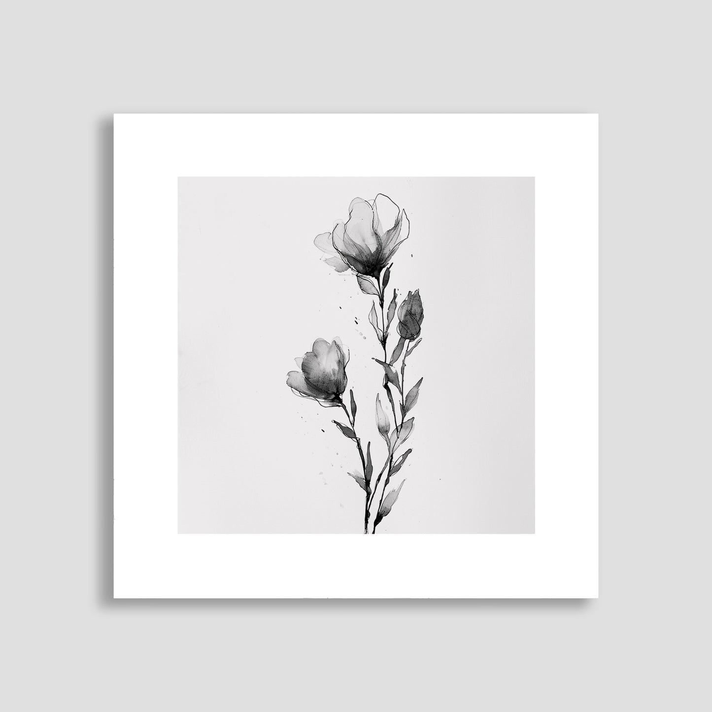 Dibujo minimalista en blanco y negro de una flor solitaria con pétalos delicados. La obra destaca por su simplicidad y elegancia, ideal para decoración moderna de interiores que buscan un toque sutil y sofisticado.