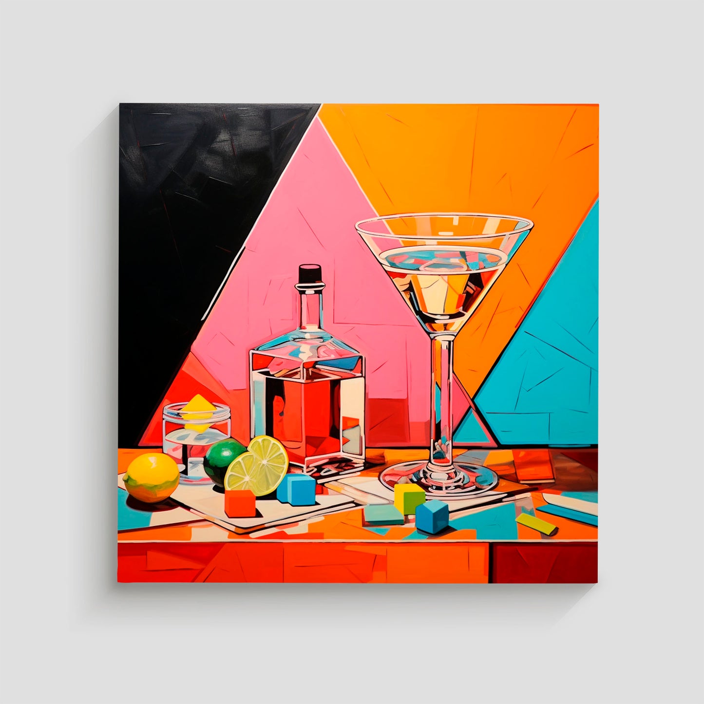 Imagen vibrante de una escena de cócteles con una copa martini, una botella de licor y rodajas de lima, sobre una mesa con fondo geométrico colorido.
