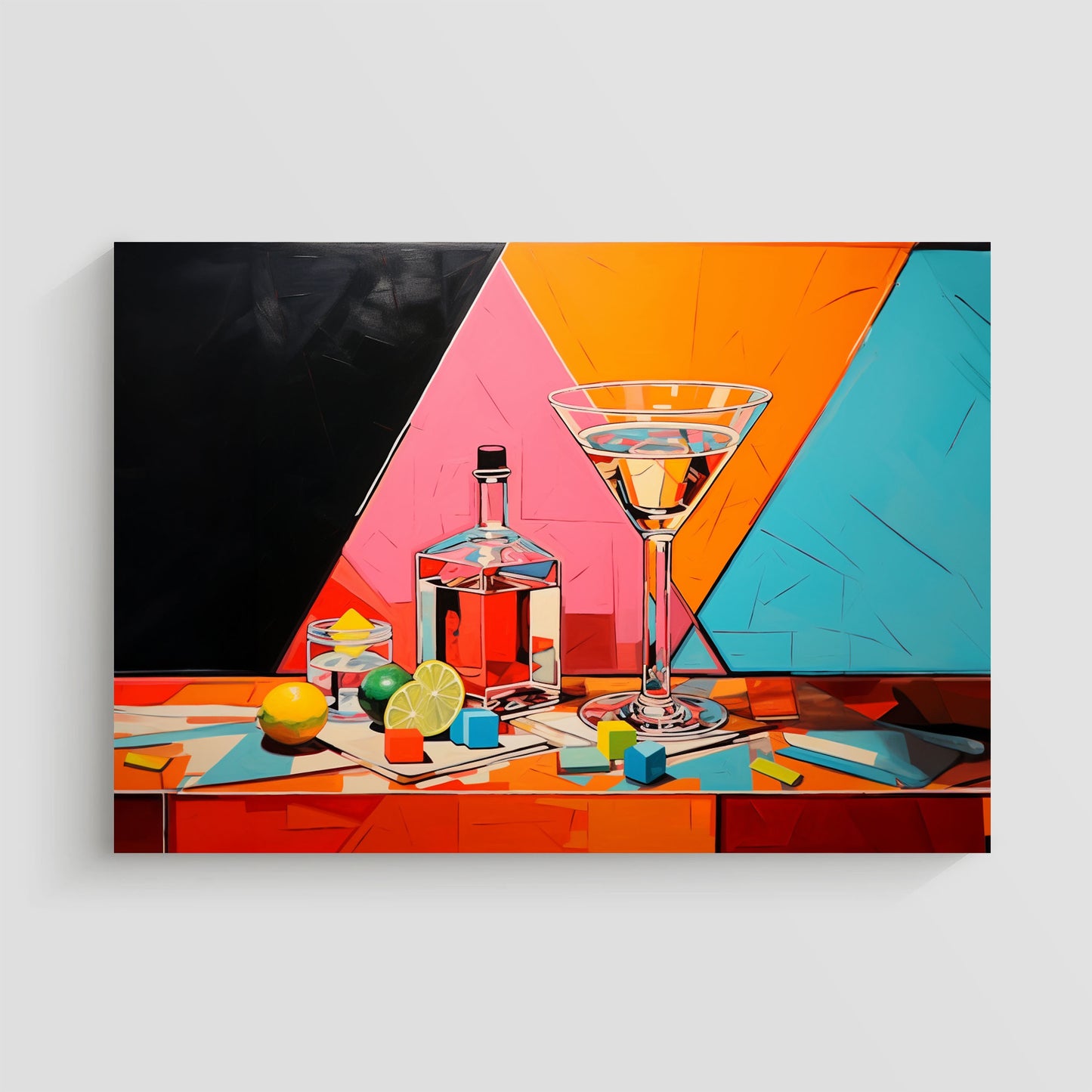 Imagen vibrante de una escena de cócteles con una copa martini, una botella de licor y rodajas de lima, sobre una mesa con fondo geométrico colorido.