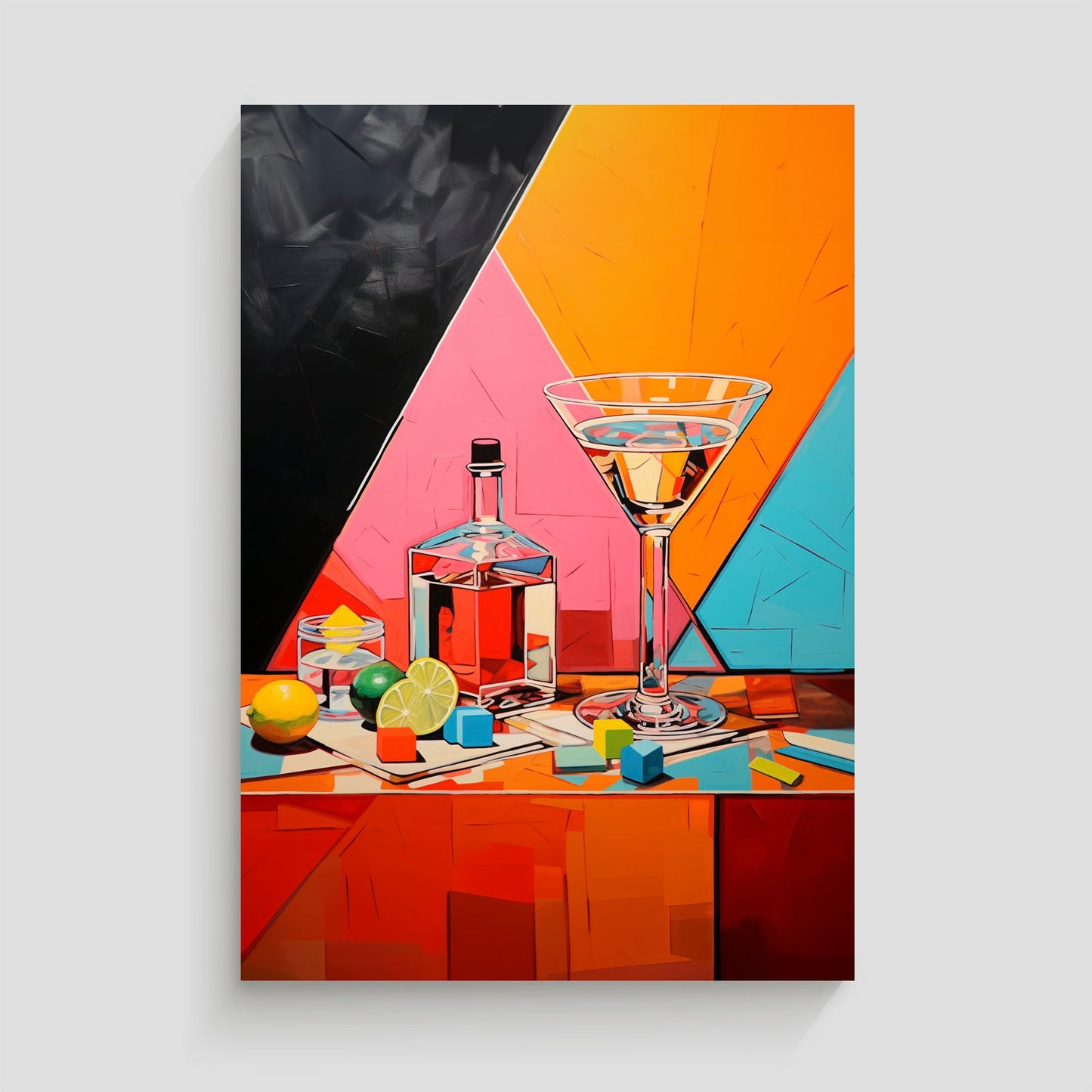 Imagen vibrante de una escena de cócteles con una copa martini, una botella de licor y rodajas de lima, sobre una mesa con fondo geométrico colorido.