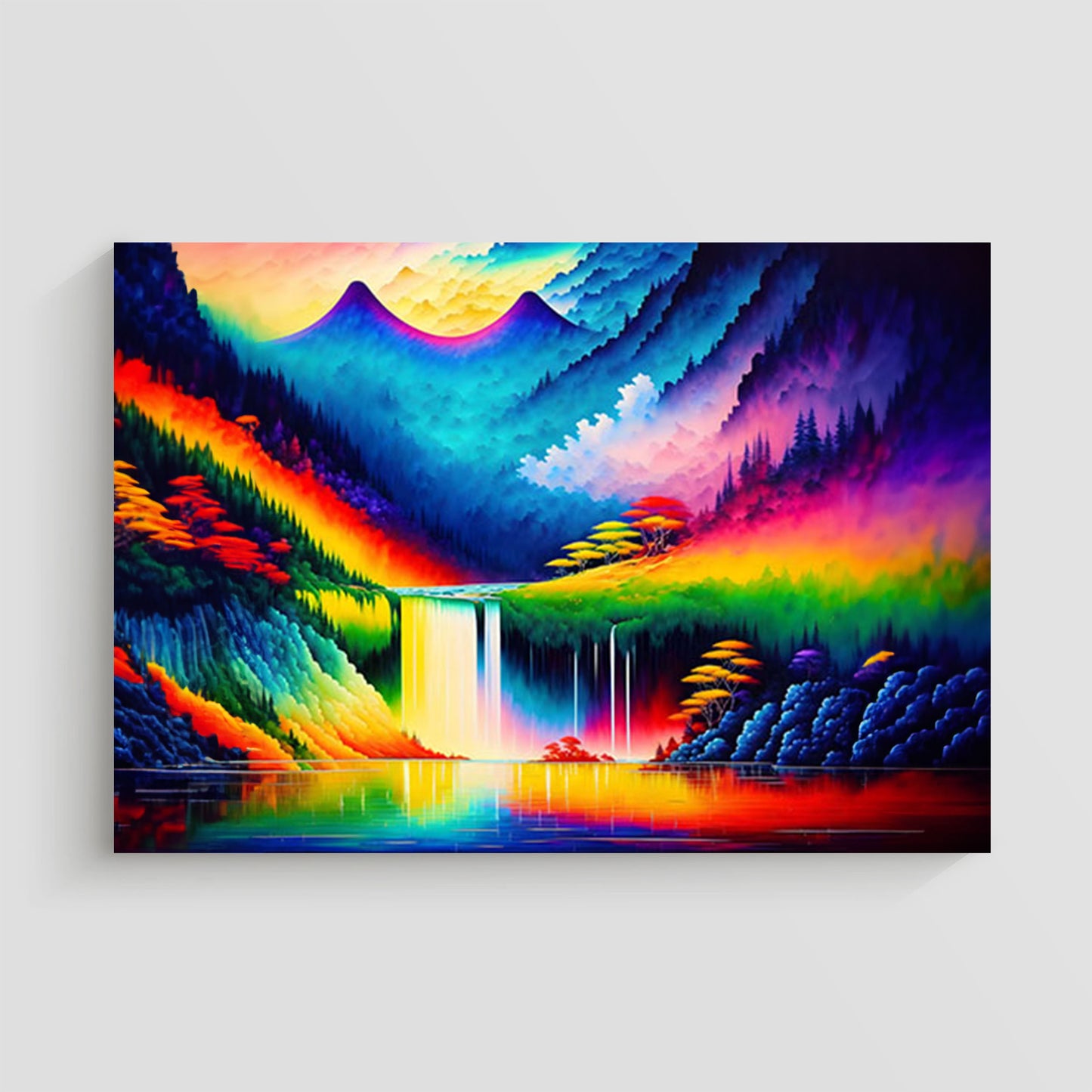 Paisaje abstracto con un río de colores vibrantes que fluyen en armonía, creando una sensación de movimiento y energía.