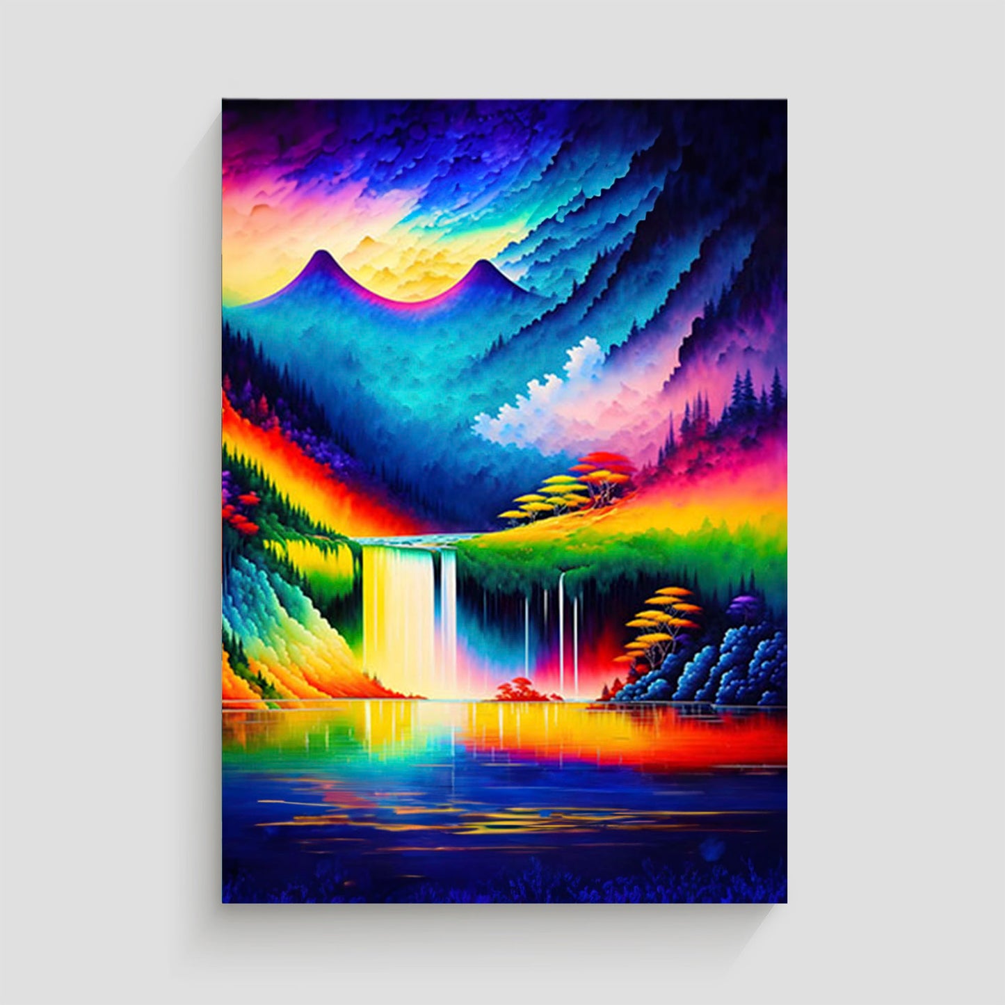 Paisaje abstracto con un río de colores vibrantes que fluyen en armonía, creando una sensación de movimiento y energía.