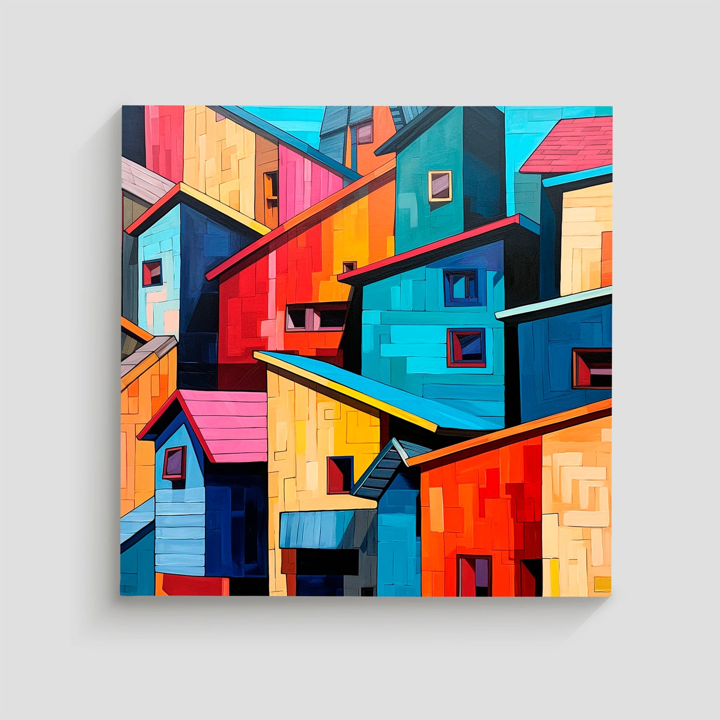 Imagen de fachadas de edificios urbanos pintadas en colores vibrantes y dispuestas de manera abstracta. La composición presenta una variedad de tonos brillantes y formas geométricas, creando una escena artística y dinámica.