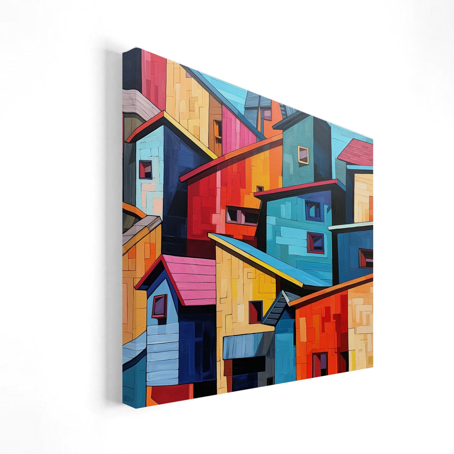 Imagen de fachadas de edificios urbanos pintadas en colores vibrantes y dispuestas de manera abstracta. La composición presenta una variedad de tonos brillantes y formas geométricas, creando una escena artística y dinámica.