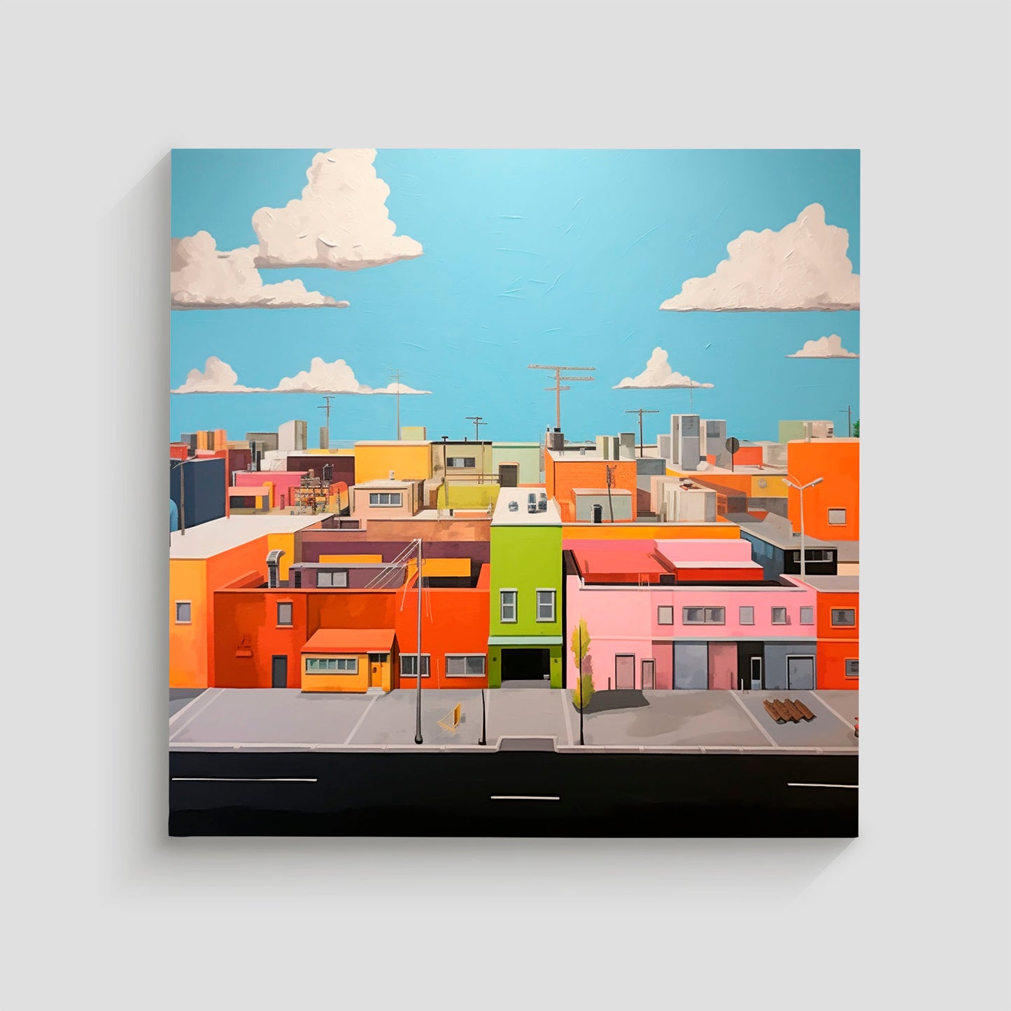 Imagen de un paisaje urbano con edificios de colores vivos, cielo azul despejado y algunas nubes. La vista muestra detalles arquitectónicos y calles vacías.