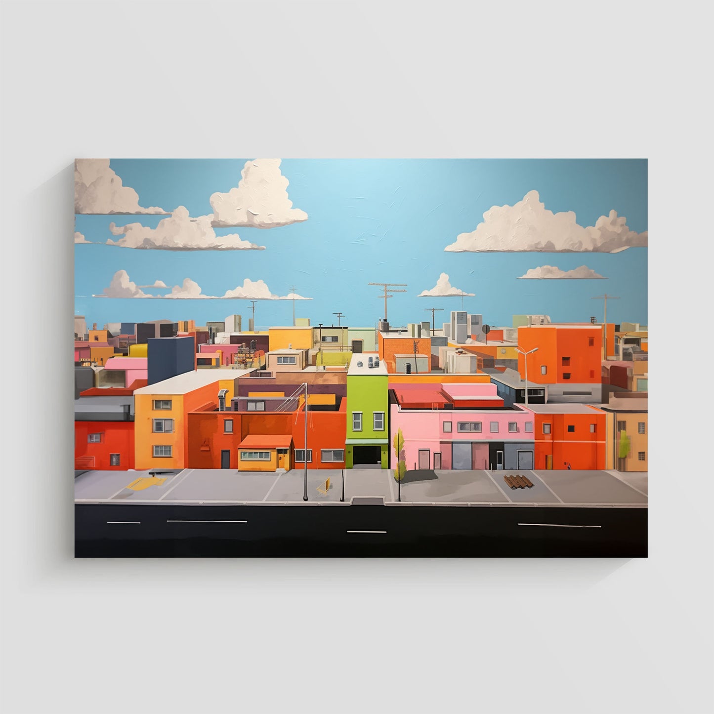 Imagen de un paisaje urbano con edificios de colores vivos, cielo azul despejado y algunas nubes. La vista muestra detalles arquitectónicos y calles vacías.