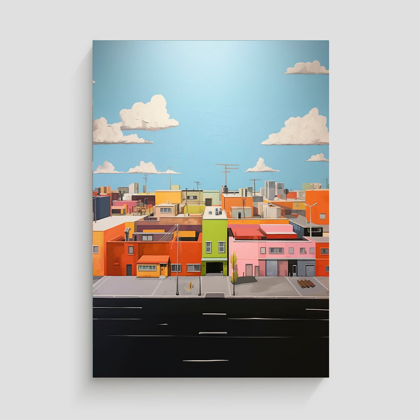 Imagen de un paisaje urbano con edificios de colores vivos, cielo azul despejado y algunas nubes. La vista muestra detalles arquitectónicos y calles vacías.