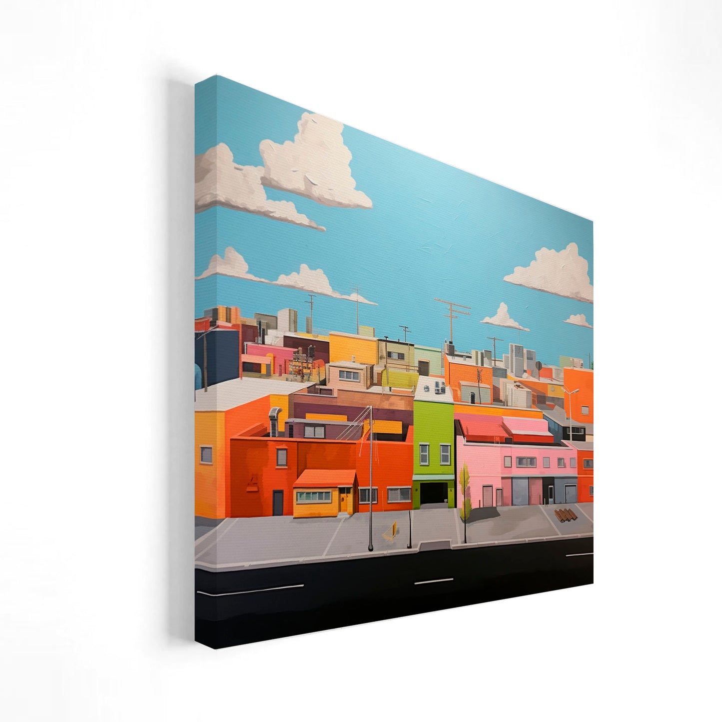Imagen de un paisaje urbano con edificios de colores vivos, cielo azul despejado y algunas nubes. La vista muestra detalles arquitectónicos y calles vacías.
