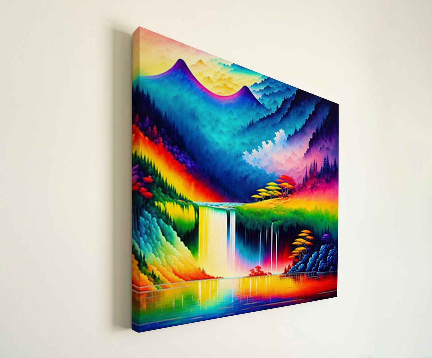 Paisaje abstracto con un río de colores vibrantes que fluyen en armonía, creando una sensación de movimiento y energía.