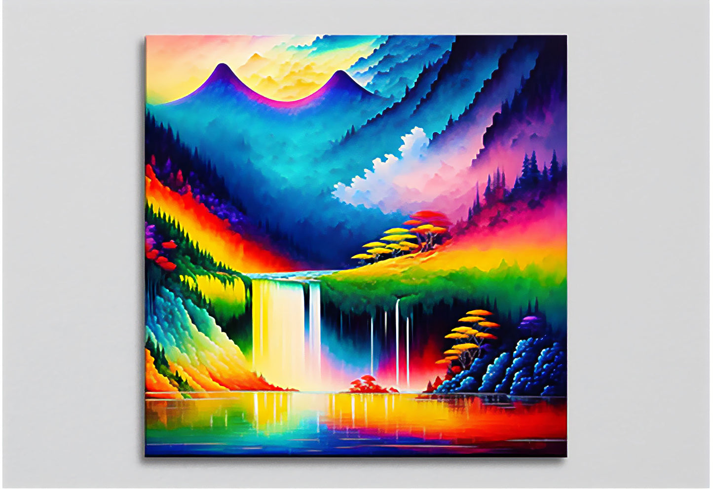 Paisaje abstracto con un río de colores vibrantes que fluyen en armonía, creando una sensación de movimiento y energía.