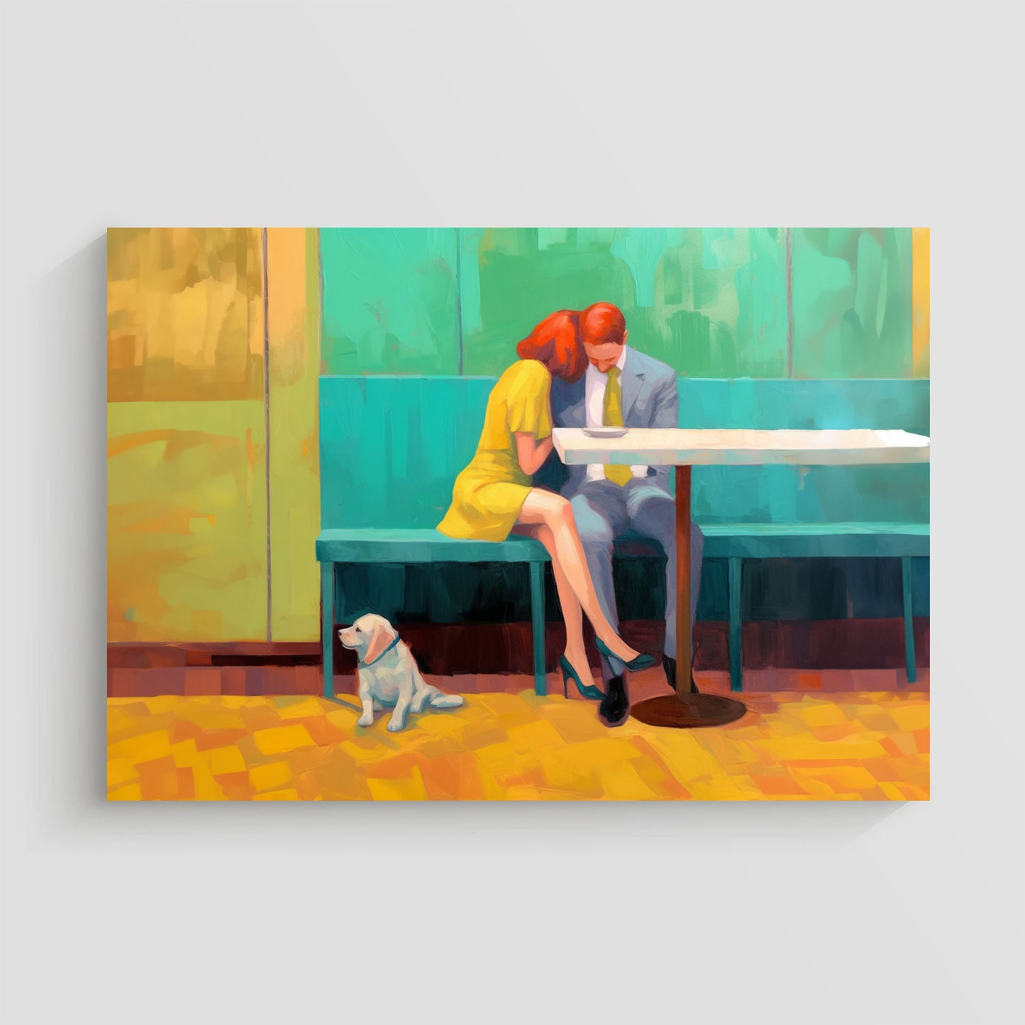 Imagen de una pareja sentada en un café, con una mujer de vestido amarillo y un hombre en traje gris, acompañados por un perro blanco que se sienta en el suelo junto a ellos. La obra utiliza colores vibrantes y un estilo expresionista para capturar una escena íntima y cálida.