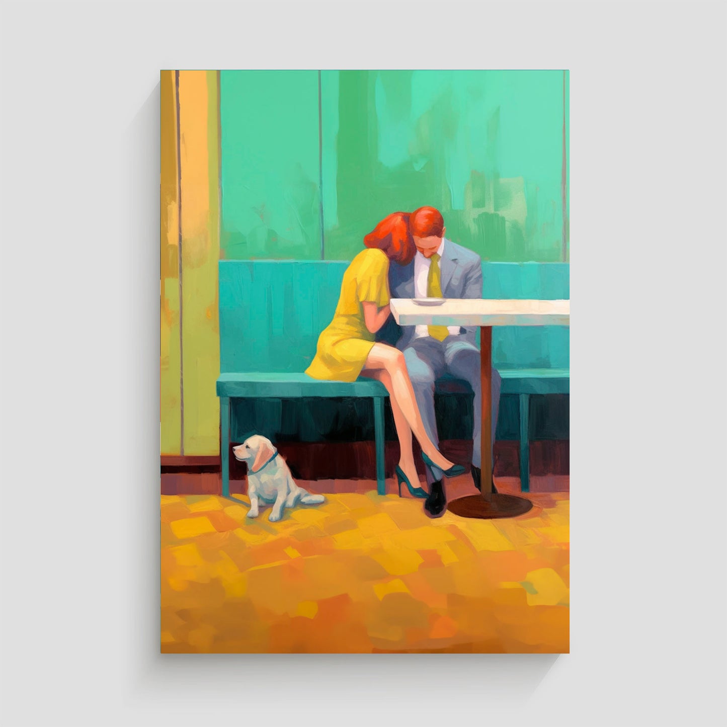 Imagen de una pareja sentada en un café, con una mujer de vestido amarillo y un hombre en traje gris, acompañados por un perro blanco que se sienta en el suelo junto a ellos. La obra utiliza colores vibrantes y un estilo expresionista para capturar una escena íntima y cálida.