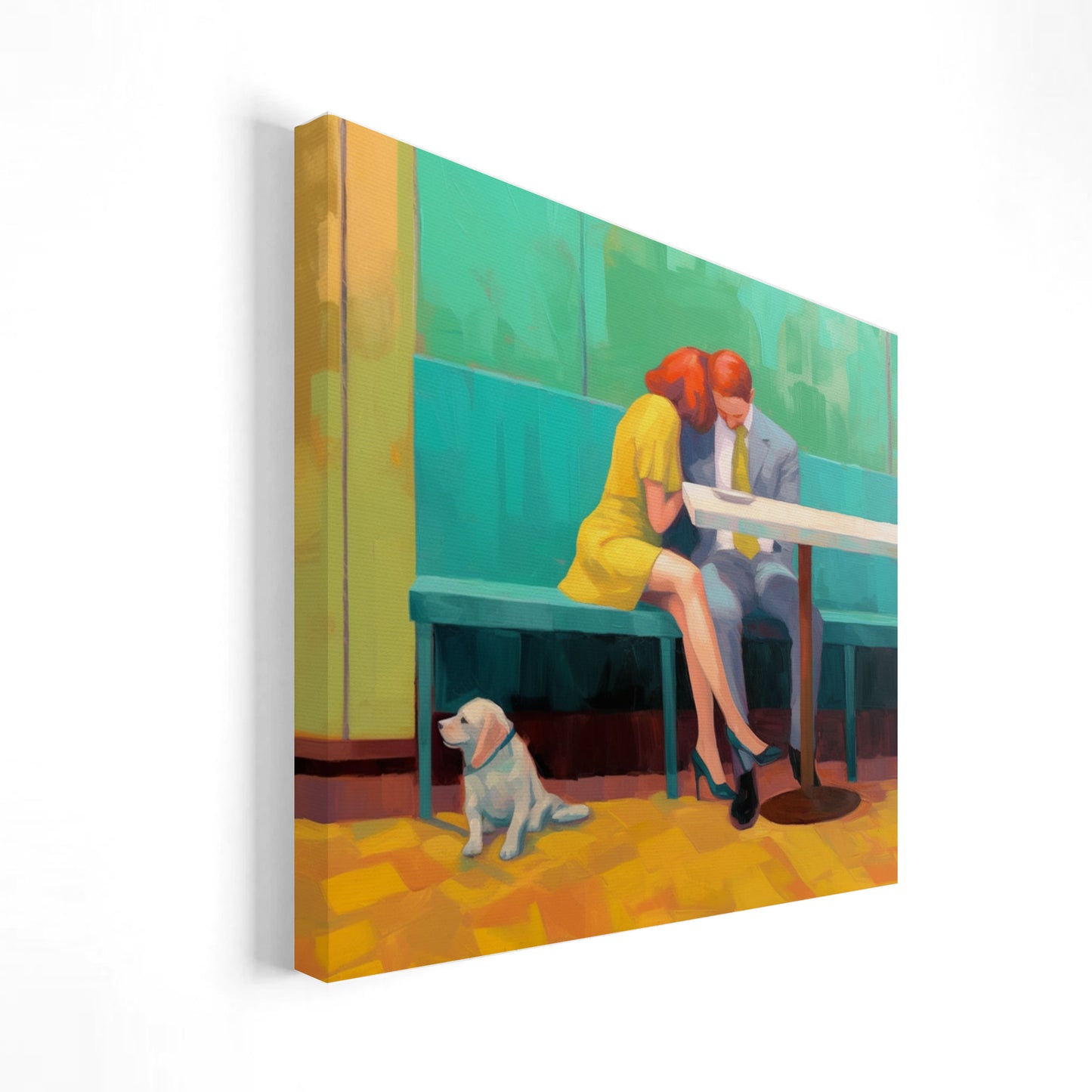 Imagen de una pareja sentada en un café, con una mujer de vestido amarillo y un hombre en traje gris, acompañados por un perro blanco que se sienta en el suelo junto a ellos. La obra utiliza colores vibrantes y un estilo expresionista para capturar una escena íntima y cálida.