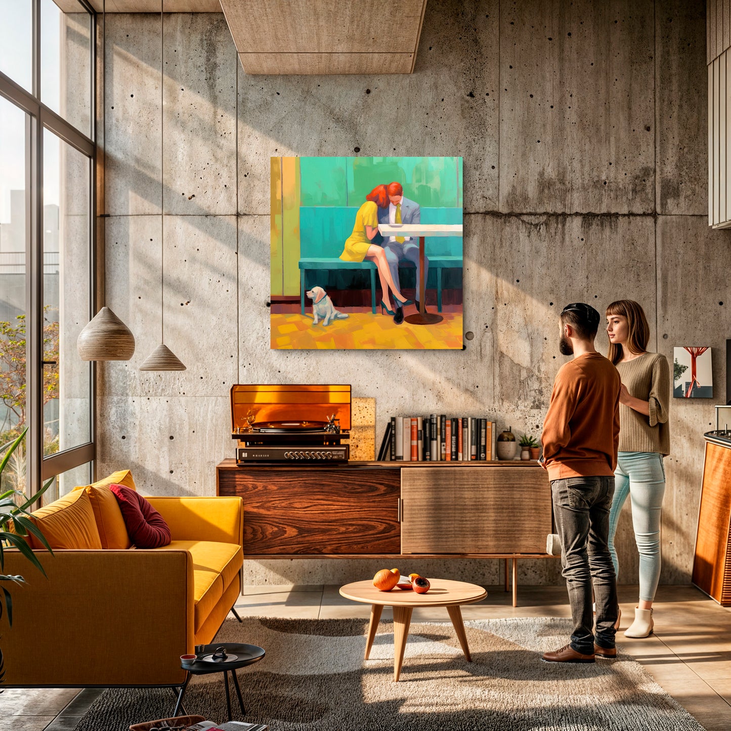 Imagen de una pareja sentada en un café, con una mujer de vestido amarillo y un hombre en traje gris, acompañados por un perro blanco que se sienta en el suelo junto a ellos. La obra utiliza colores vibrantes y un estilo expresionista para capturar una escena íntima y cálida.