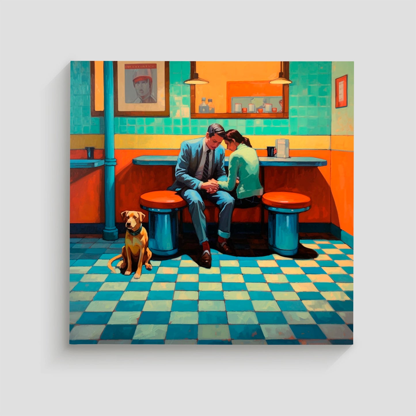 Imagen de una pareja sentada en una cafetería de estilo vintage, con un hombre en traje gris y una mujer en suéter verde, sosteniendo las manos en un momento íntimo. Un perro marrón está sentado en el suelo junto a ellos. La escena está compuesta en tonos cálidos y fríos que evocan un ambiente nostálgico.