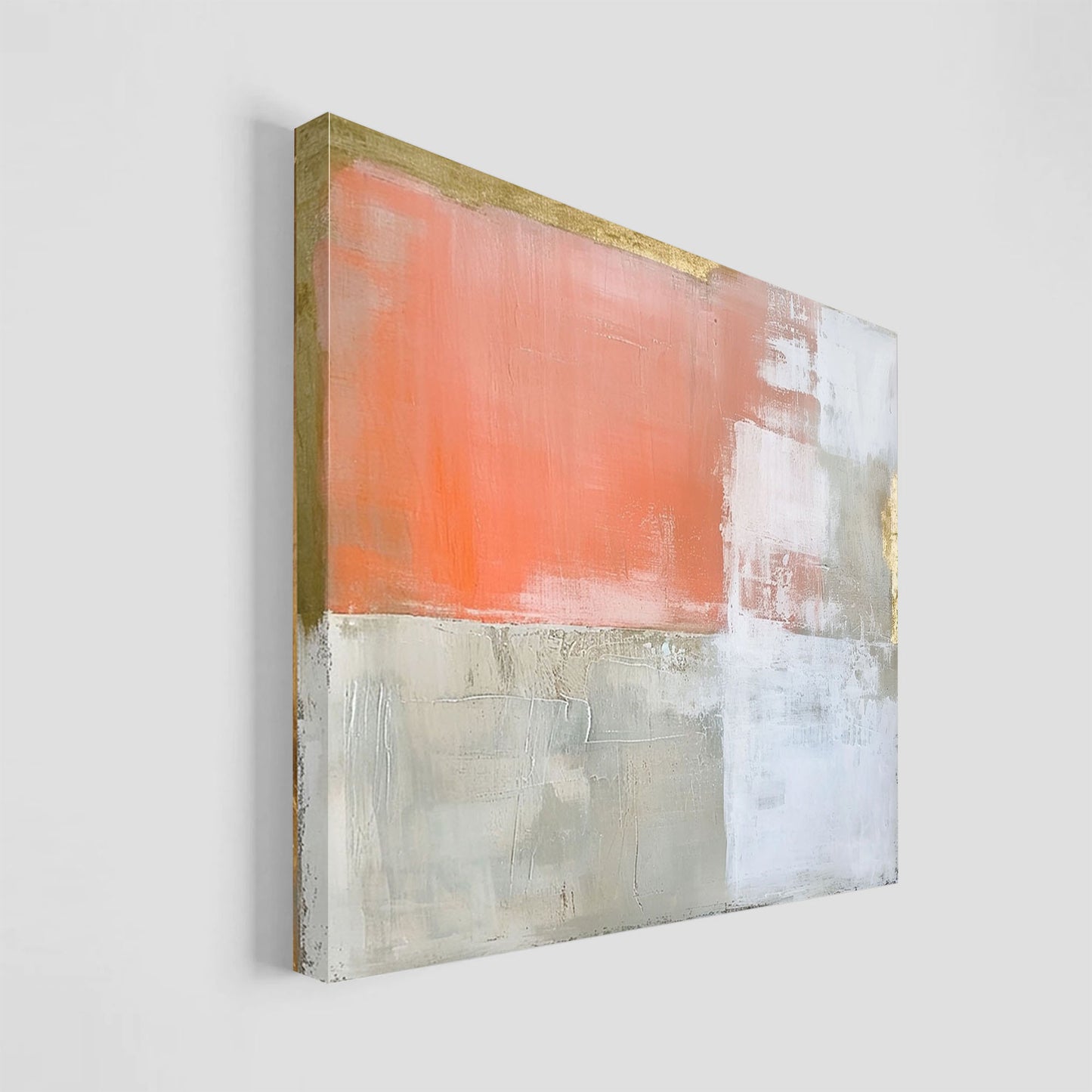 Arte abstracto con fluidas formas en tonos dorados y salmón, evocando calidez y armonía.