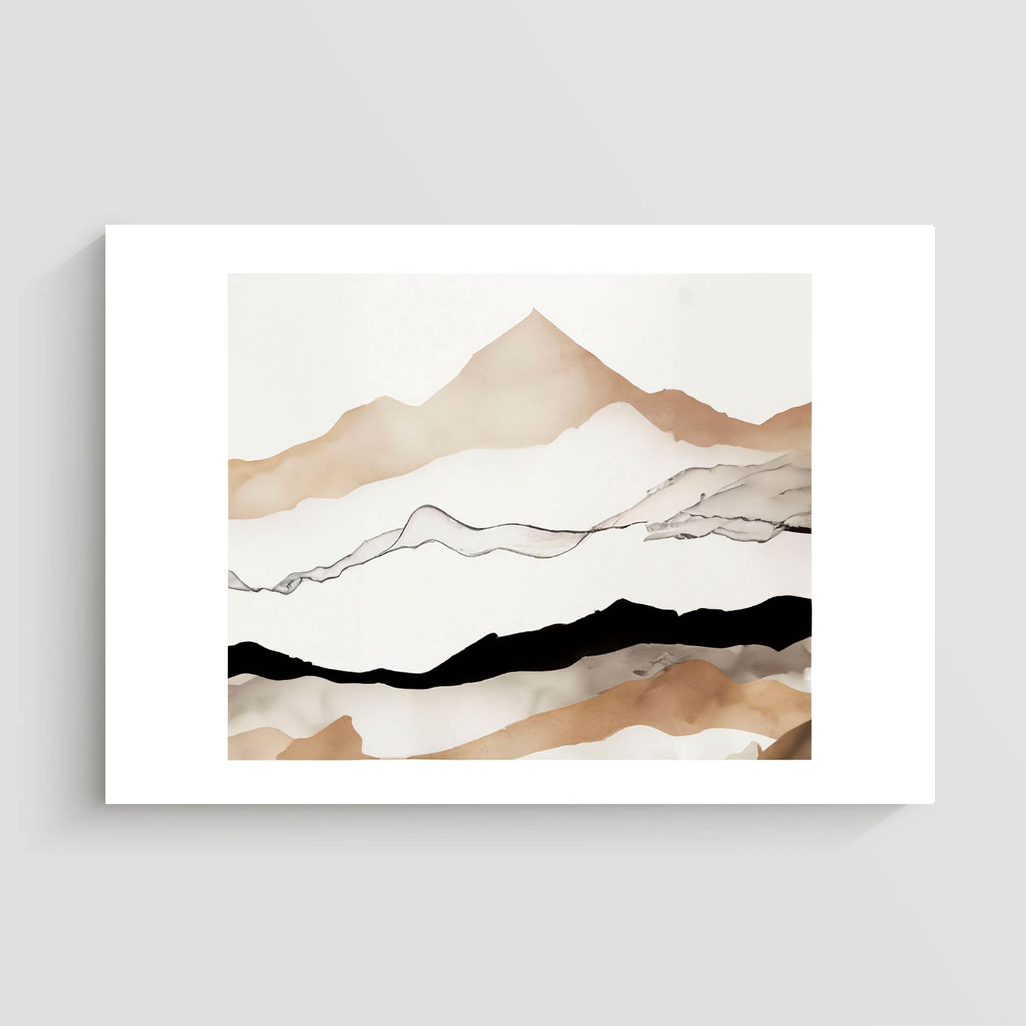 Imagen minimalista de un paisaje de montañas con tonos marrones y negros en un fondo blanco, mostrando líneas simples y elegantes para representar la silueta de las montañas.