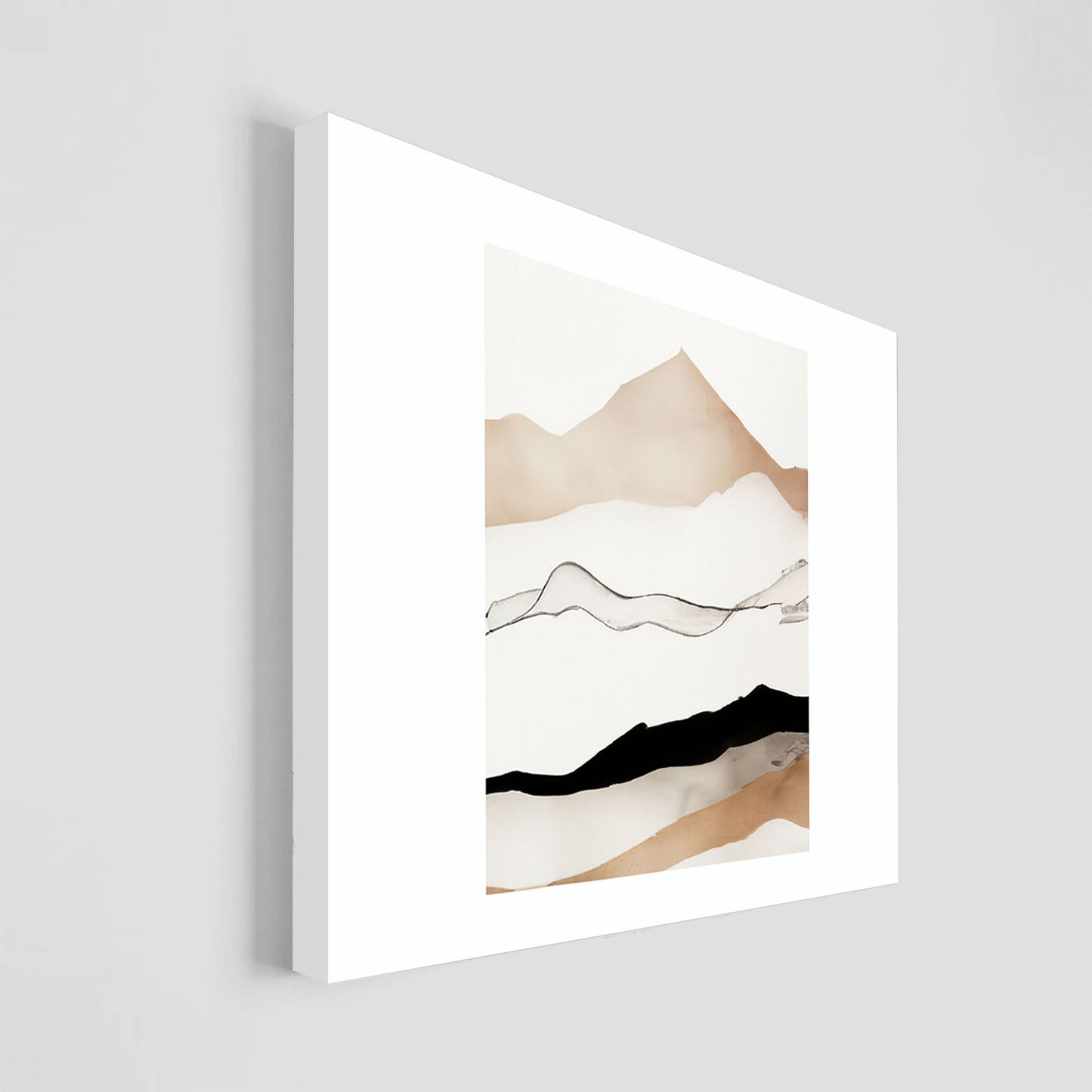 Imagen minimalista de un paisaje de montañas con tonos marrones y negros en un fondo blanco, mostrando líneas simples y elegantes para representar la silueta de las montañas.