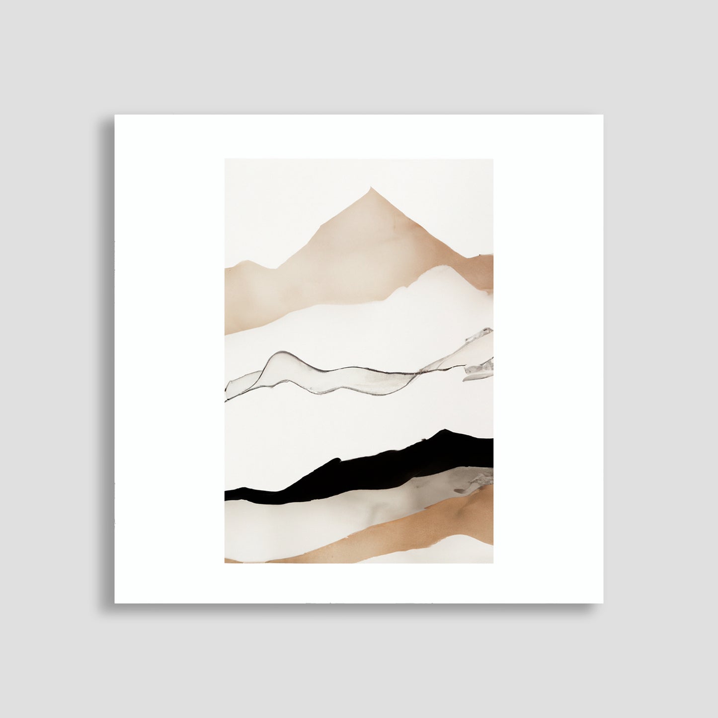 Imagen minimalista de un paisaje de montañas con tonos marrones y negros en un fondo blanco, mostrando líneas simples y elegantes para representar la silueta de las montañas.