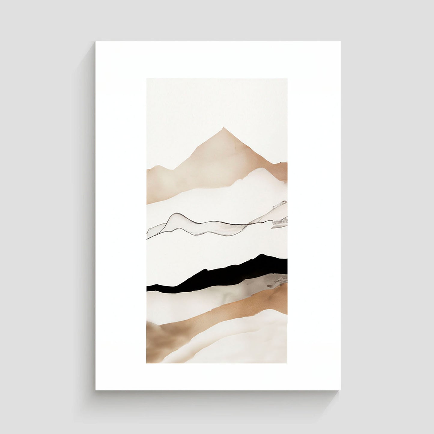 Imagen minimalista de un paisaje de montañas con tonos marrones y negros en un fondo blanco, mostrando líneas simples y elegantes para representar la silueta de las montañas.