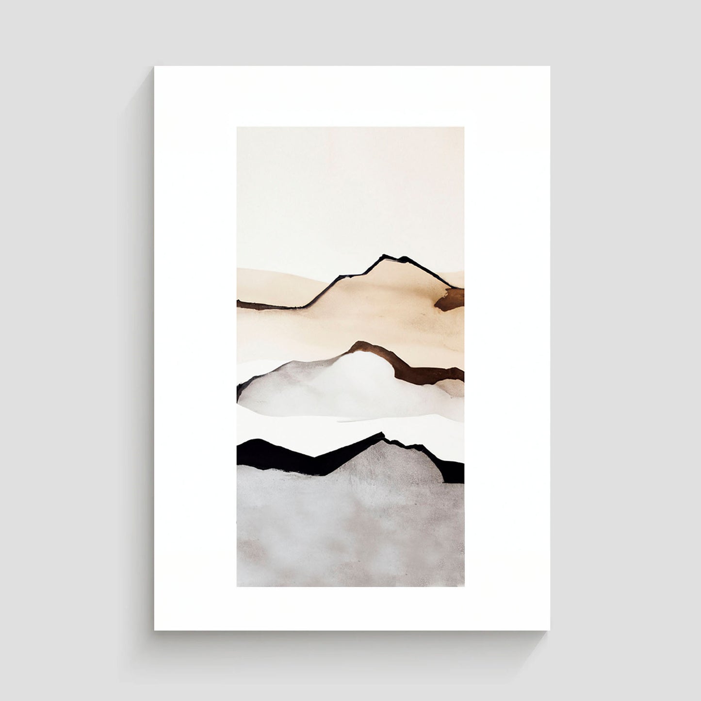 Imagen minimalista de un paisaje de montañas con tonos marrones y negros en un fondo blanco, mostrando líneas simples y elegantes para representar la silueta de las montañas.