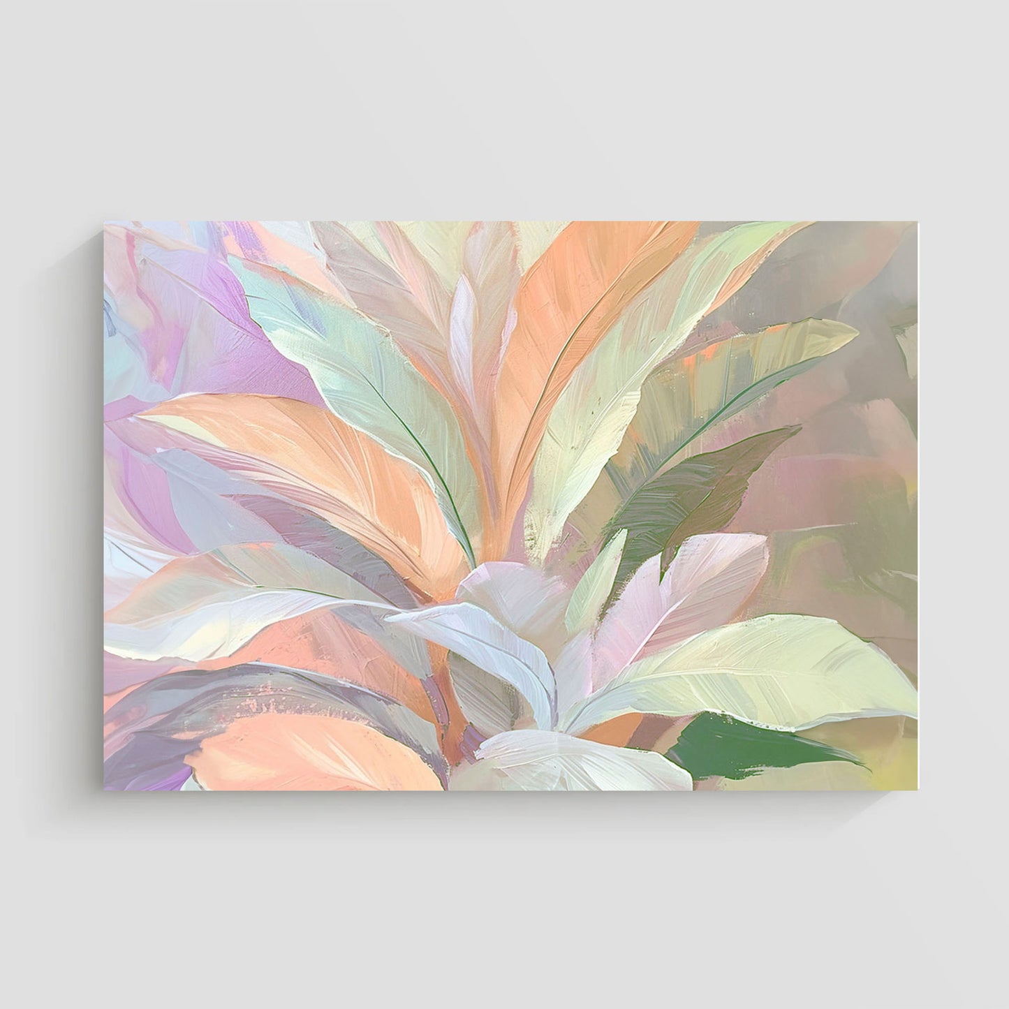 Pintura abstracta de hojas en tonos pastel suaves, con una paleta de colores que incluye rosa, verde, y lila. Ideal para agregar un toque de calma y serenidad a la decoración de interiores en hogares u oficinas.