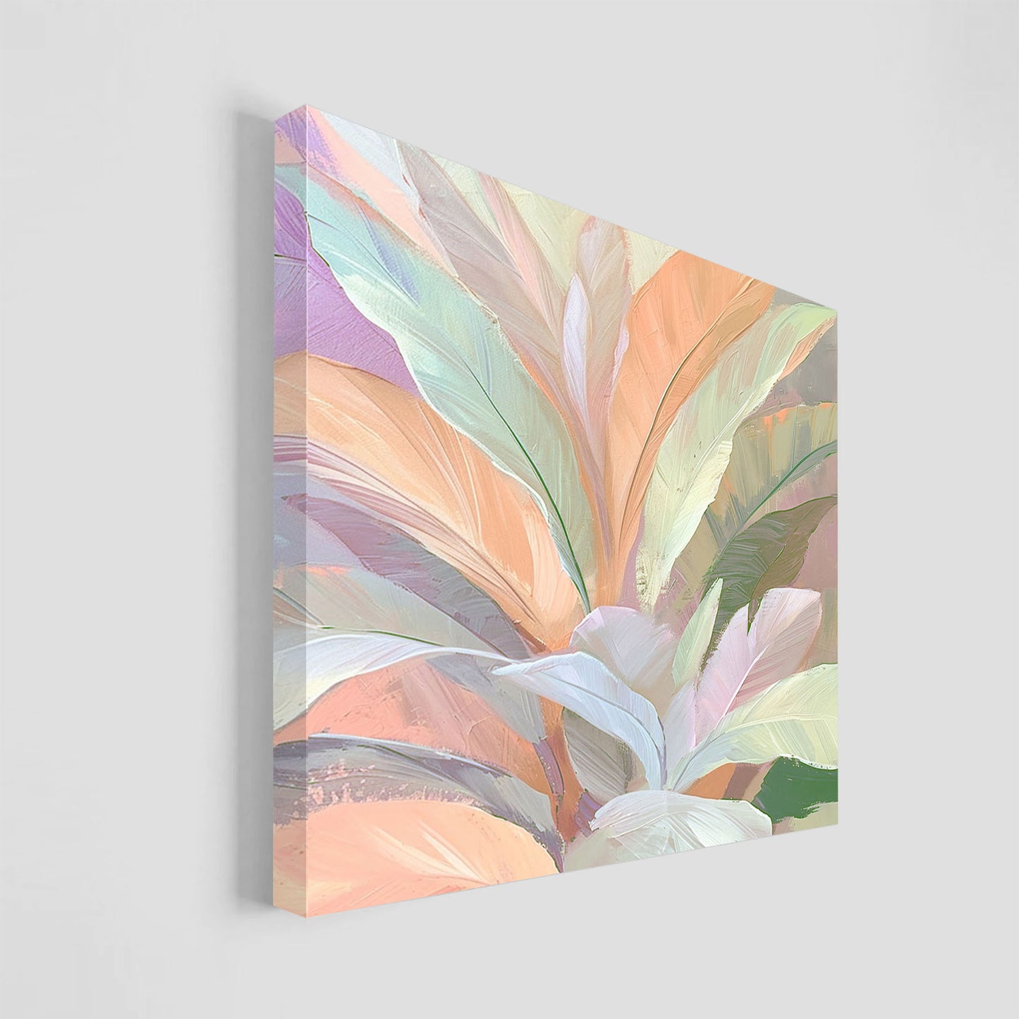 Pintura abstracta de hojas en tonos pastel suaves, con una paleta de colores que incluye rosa, verde, y lila. Ideal para agregar un toque de calma y serenidad a la decoración de interiores en hogares u oficinas.
