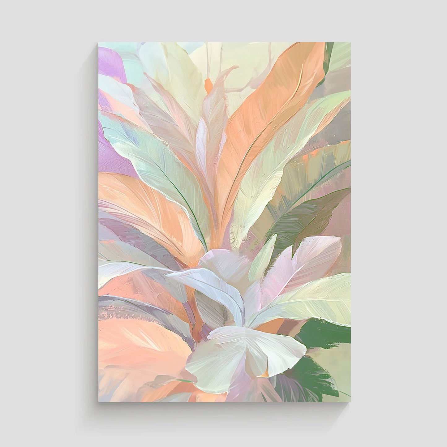 Pintura abstracta de hojas en tonos pastel suaves, con una paleta de colores que incluye rosa, verde, y lila. Ideal para agregar un toque de calma y serenidad a la decoración de interiores en hogares u oficinas.