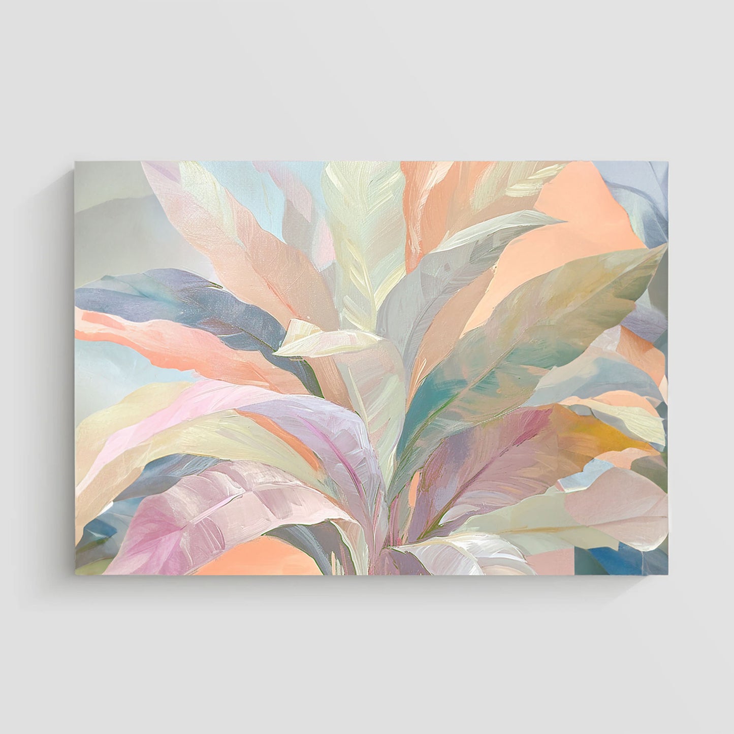 Pintura abstracta de hojas en tonos pastel suaves, con una paleta de colores que incluye rosa, verde, y lila. Ideal para agregar un toque de calma y serenidad a la decoración de interiores en hogares u oficinas.
