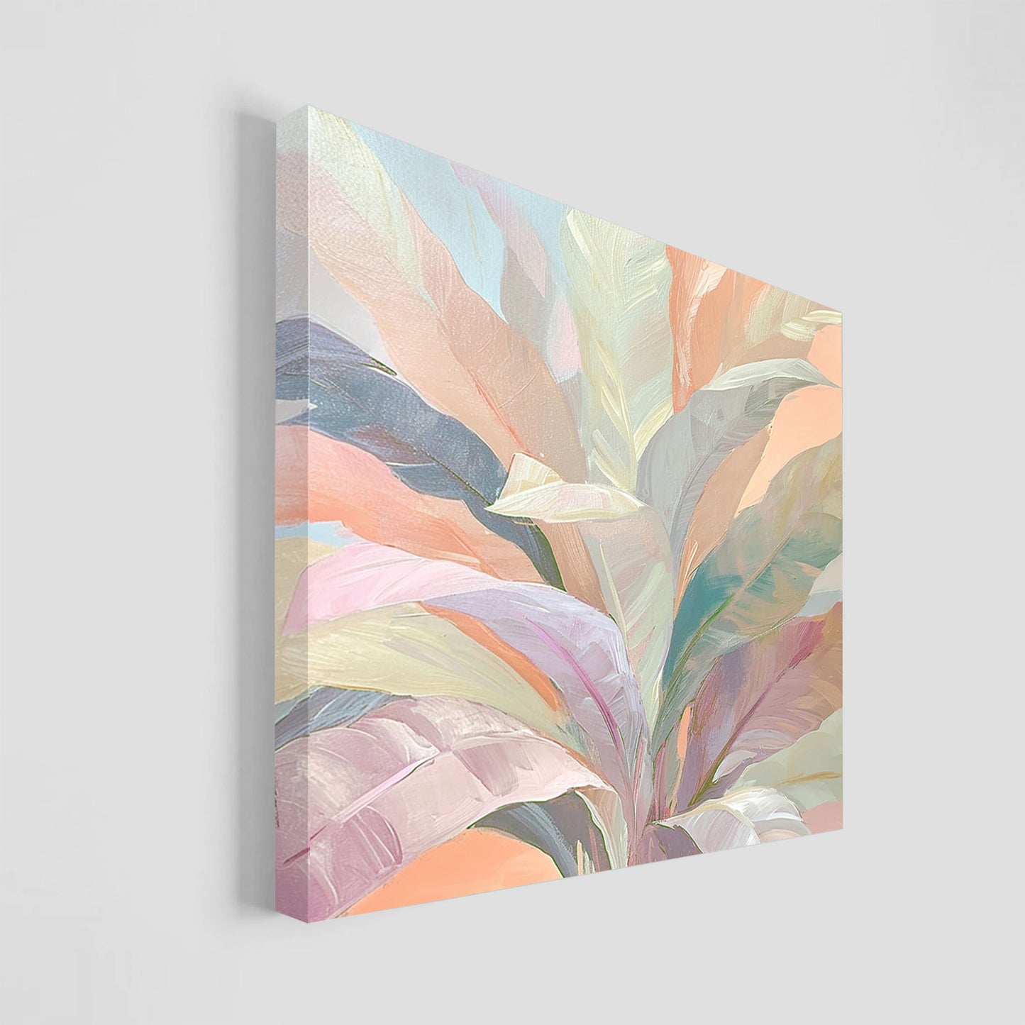 Pintura abstracta de hojas en tonos pastel suaves, con una paleta de colores que incluye rosa, verde, y lila. Ideal para agregar un toque de calma y serenidad a la decoración de interiores en hogares u oficinas.
