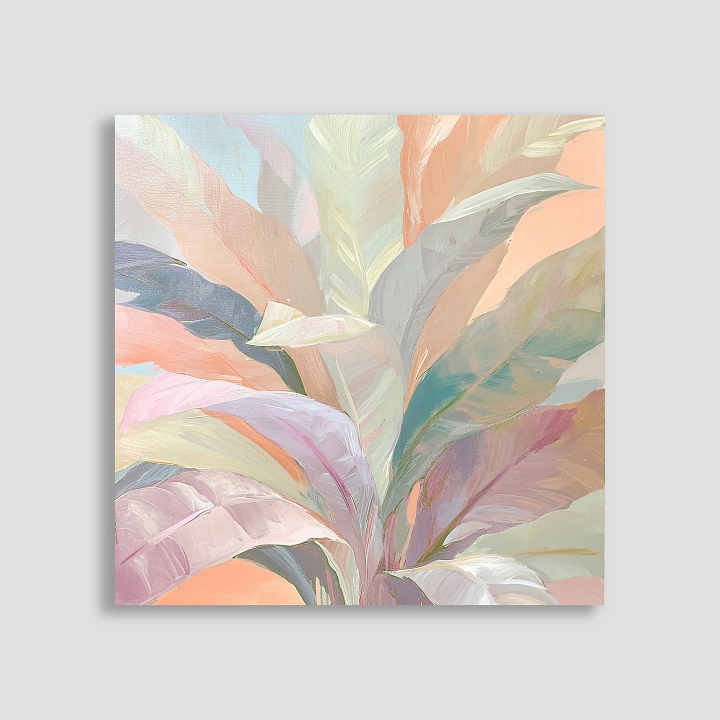 Pintura abstracta de hojas en tonos pastel suaves, con una paleta de colores que incluye rosa, verde, y lila. Ideal para agregar un toque de calma y serenidad a la decoración de interiores en hogares u oficinas.
