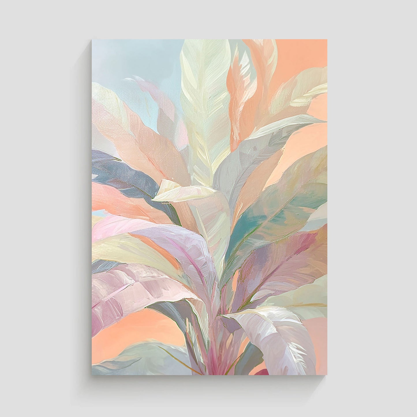 Pintura abstracta de hojas en tonos pastel suaves, con una paleta de colores que incluye rosa, verde, y lila. Ideal para agregar un toque de calma y serenidad a la decoración de interiores en hogares u oficinas.