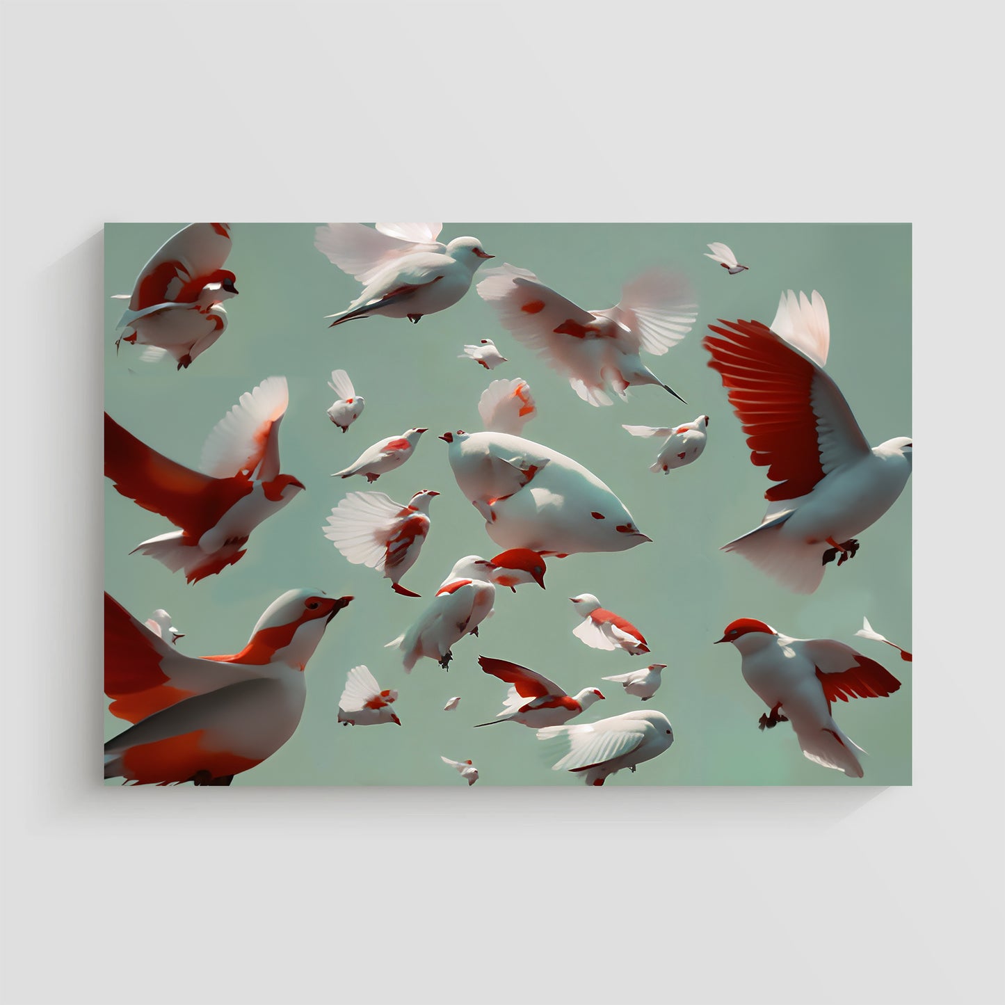 Imagen artística de aves blancas y rojas en pleno vuelo, dispuestas en un diseño surrealista sobre un fondo verde suave. La obra captura la belleza y la libertad del vuelo, ideal para la decoración de interiores con un toque artístico y moderno.
