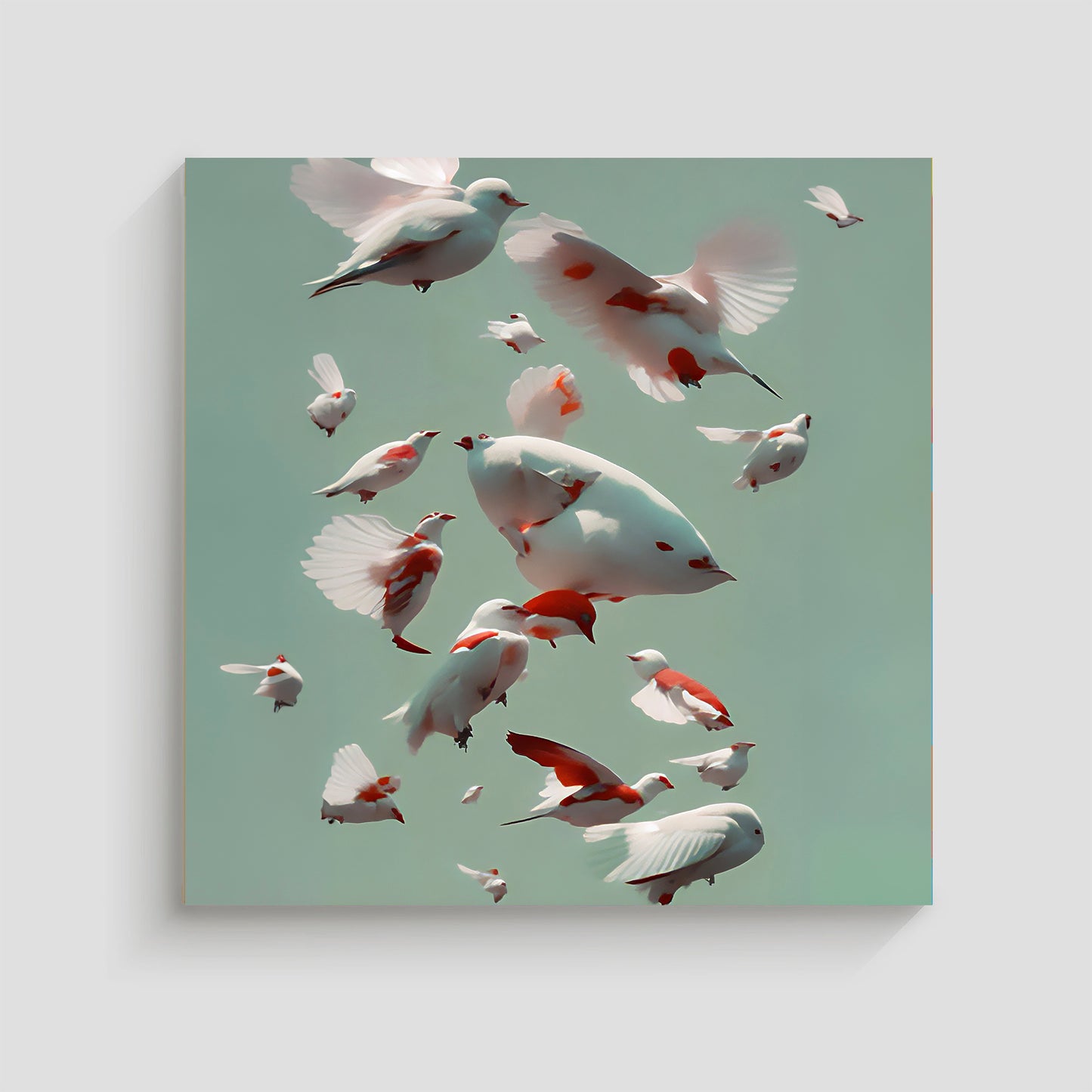 Imagen artística de aves blancas y rojas en pleno vuelo, dispuestas en un diseño surrealista sobre un fondo verde suave. La obra captura la belleza y la libertad del vuelo, ideal para la decoración de interiores con un toque artístico y moderno.