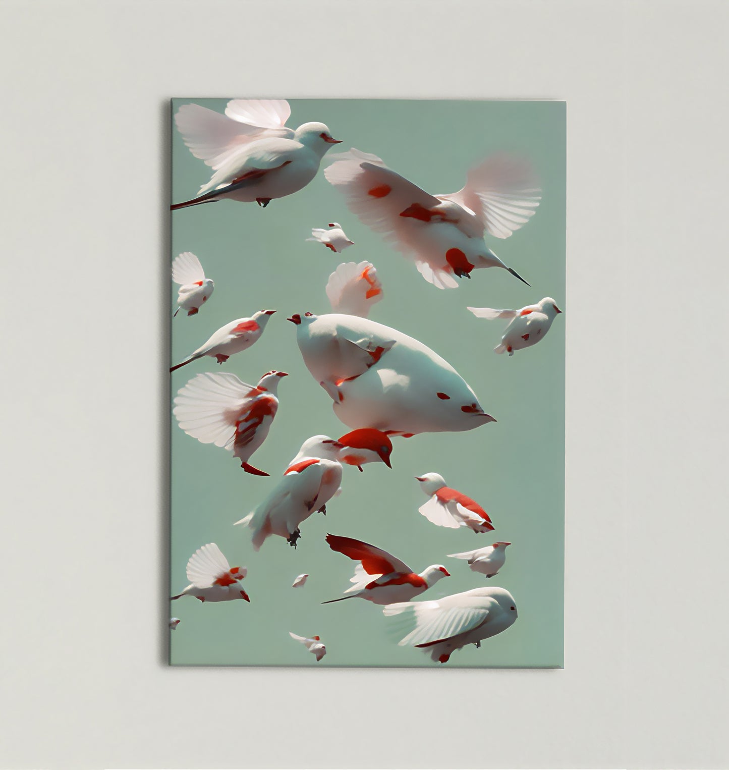 Imagen artística de aves blancas y rojas en pleno vuelo, dispuestas en un diseño surrealista sobre un fondo verde suave. La obra captura la belleza y la libertad del vuelo, ideal para la decoración de interiores con un toque artístico y moderno.