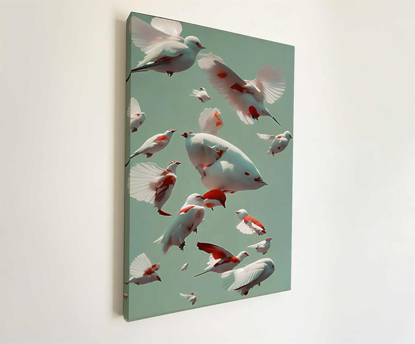 Imagen artística de aves blancas y rojas en pleno vuelo, dispuestas en un diseño surrealista sobre un fondo verde suave. La obra captura la belleza y la libertad del vuelo, ideal para la decoración de interiores con un toque artístico y moderno.
