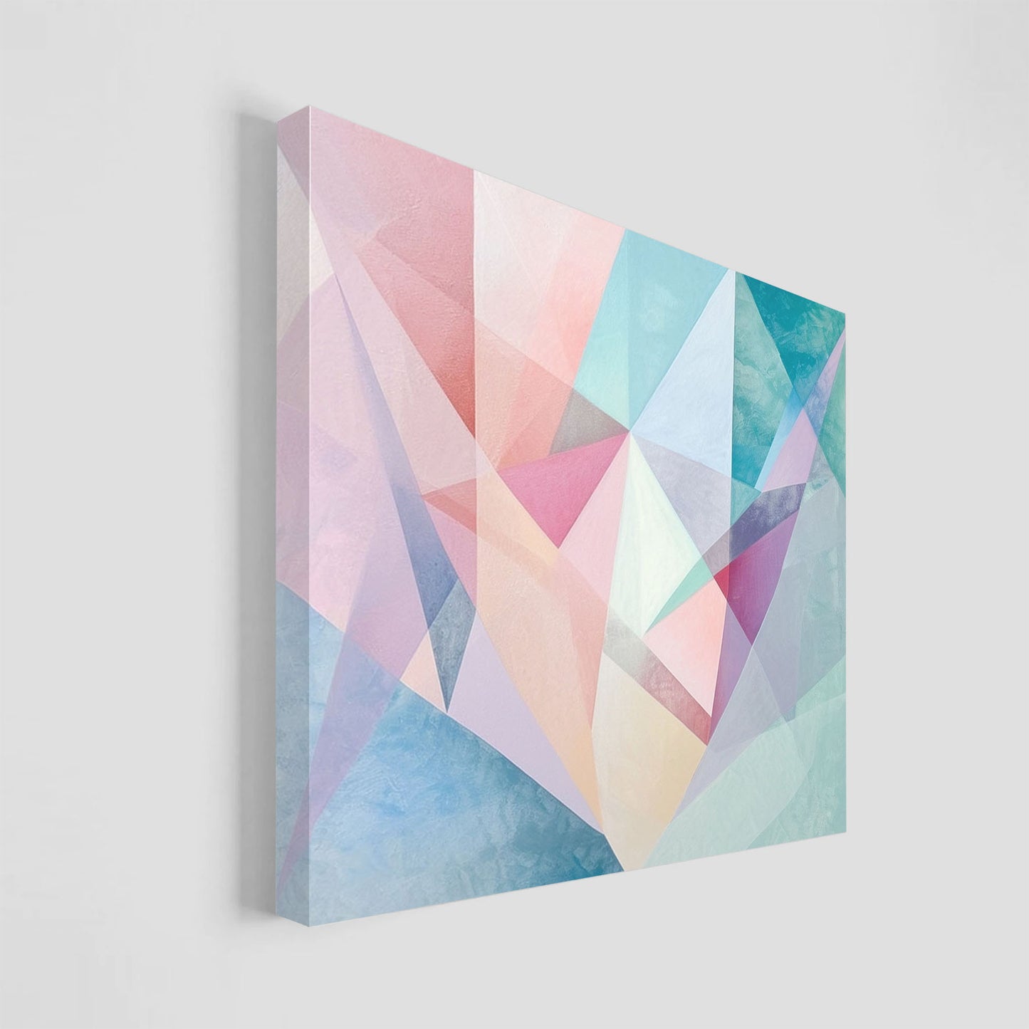Imagen de arte abstracto con formas geométricas en una paleta de tonos pastel, incluyendo rosa, azul, y lila. Ideal para decoración moderna de interiores, aportando un toque de elegancia y sofisticación.