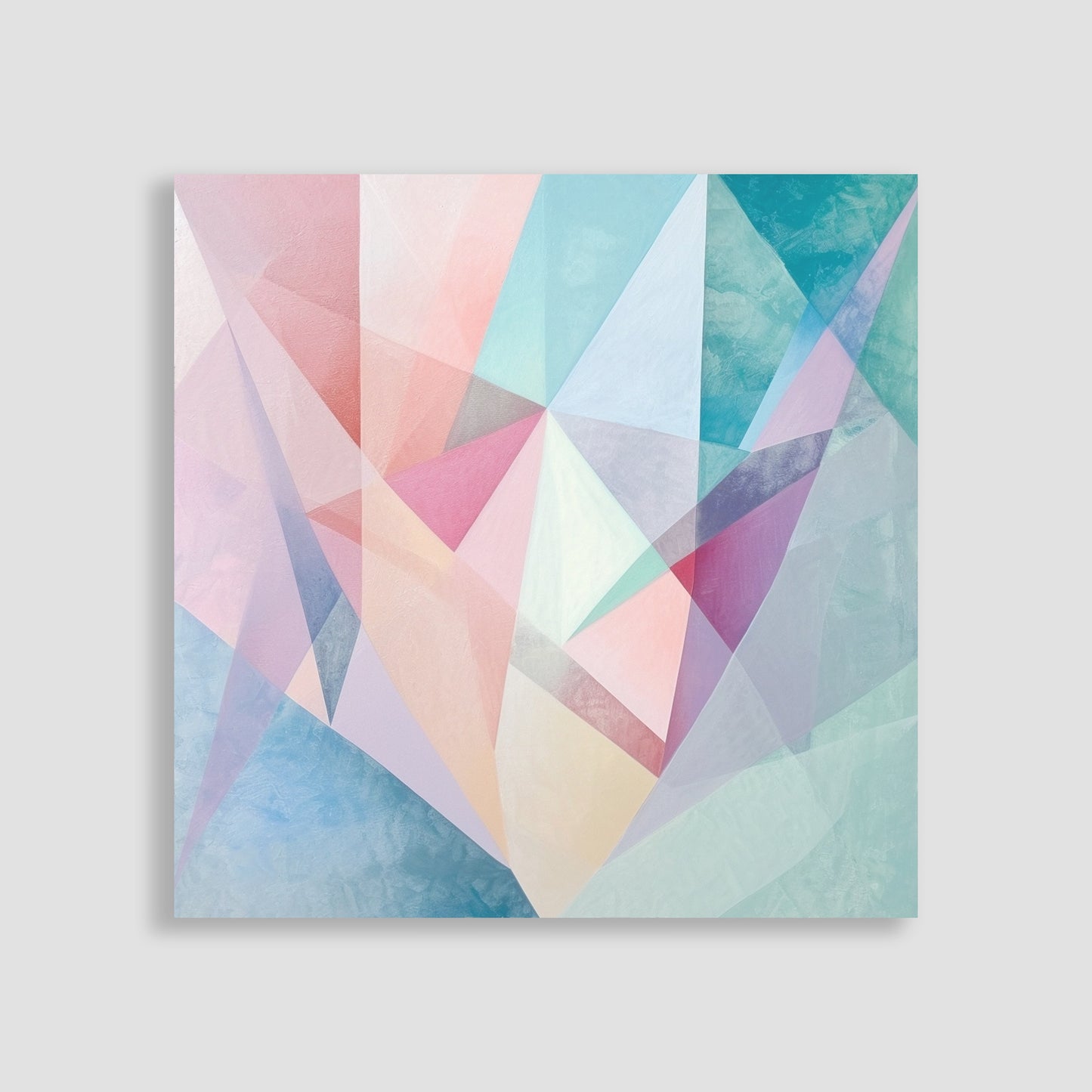 Imagen de arte abstracto con formas geométricas en una paleta de tonos pastel, incluyendo rosa, azul, y lila. Ideal para decoración moderna de interiores, aportando un toque de elegancia y sofisticación.