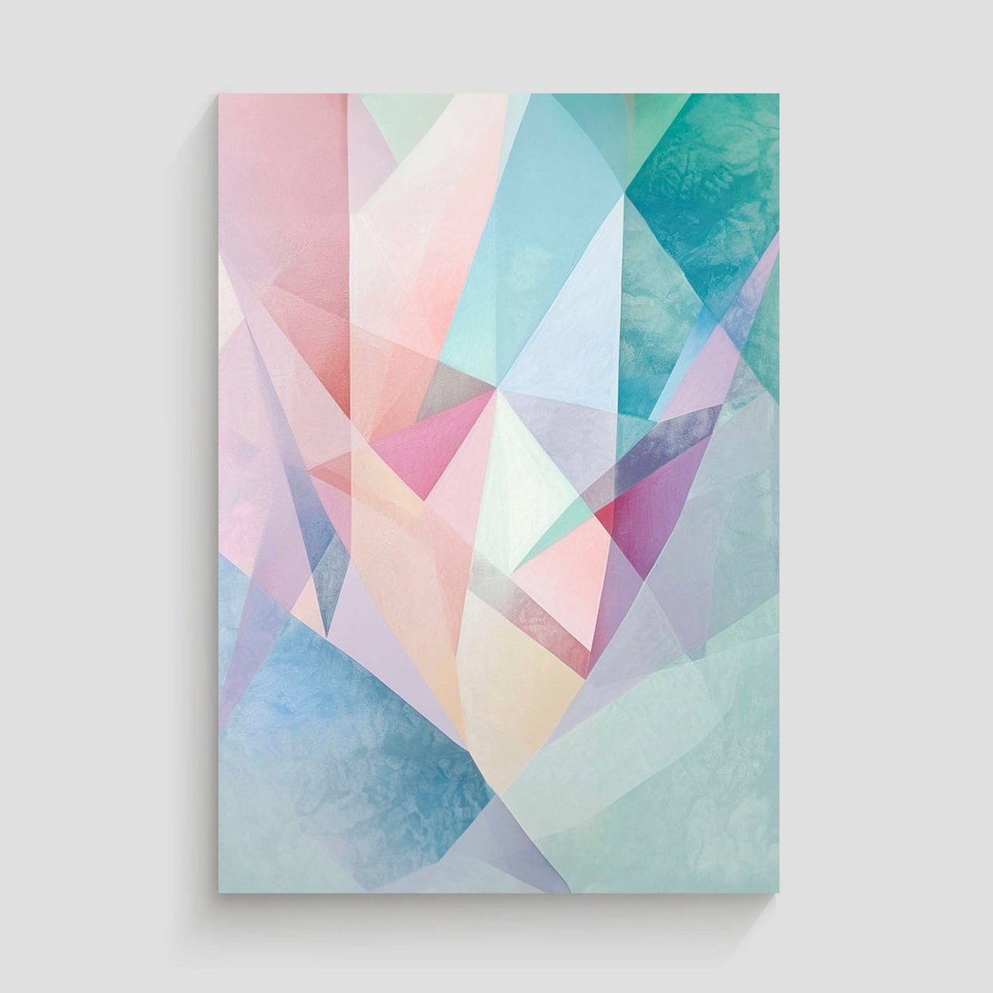 Imagen de arte abstracto con formas geométricas en una paleta de tonos pastel, incluyendo rosa, azul, y lila. Ideal para decoración moderna de interiores, aportando un toque de elegancia y sofisticación.