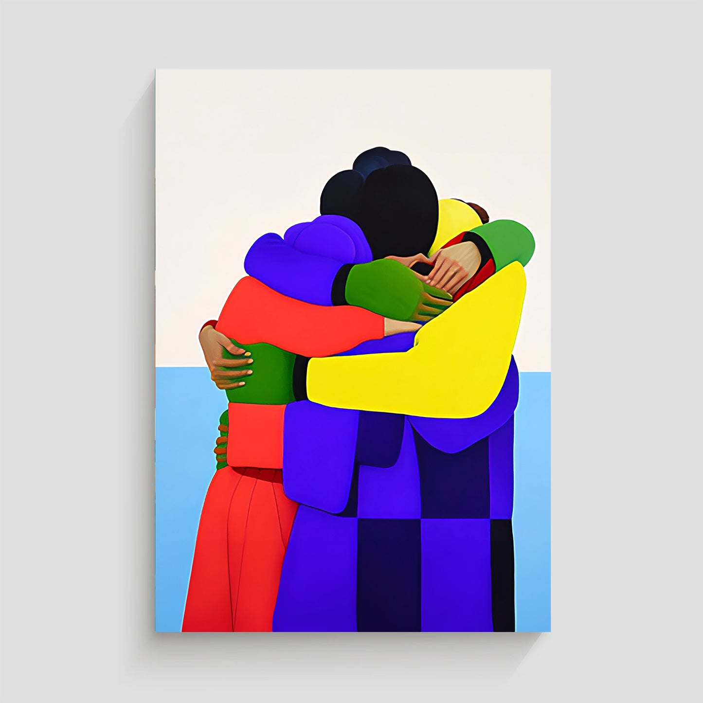 Imagen artística de un grupo de personas abrazándose, representadas con formas geométricas y colores vibrantes como amarillo, azul, verde y rojo. La obra transmite un mensaje de unión y esperanza, ideal para decoración moderna y contemporánea.