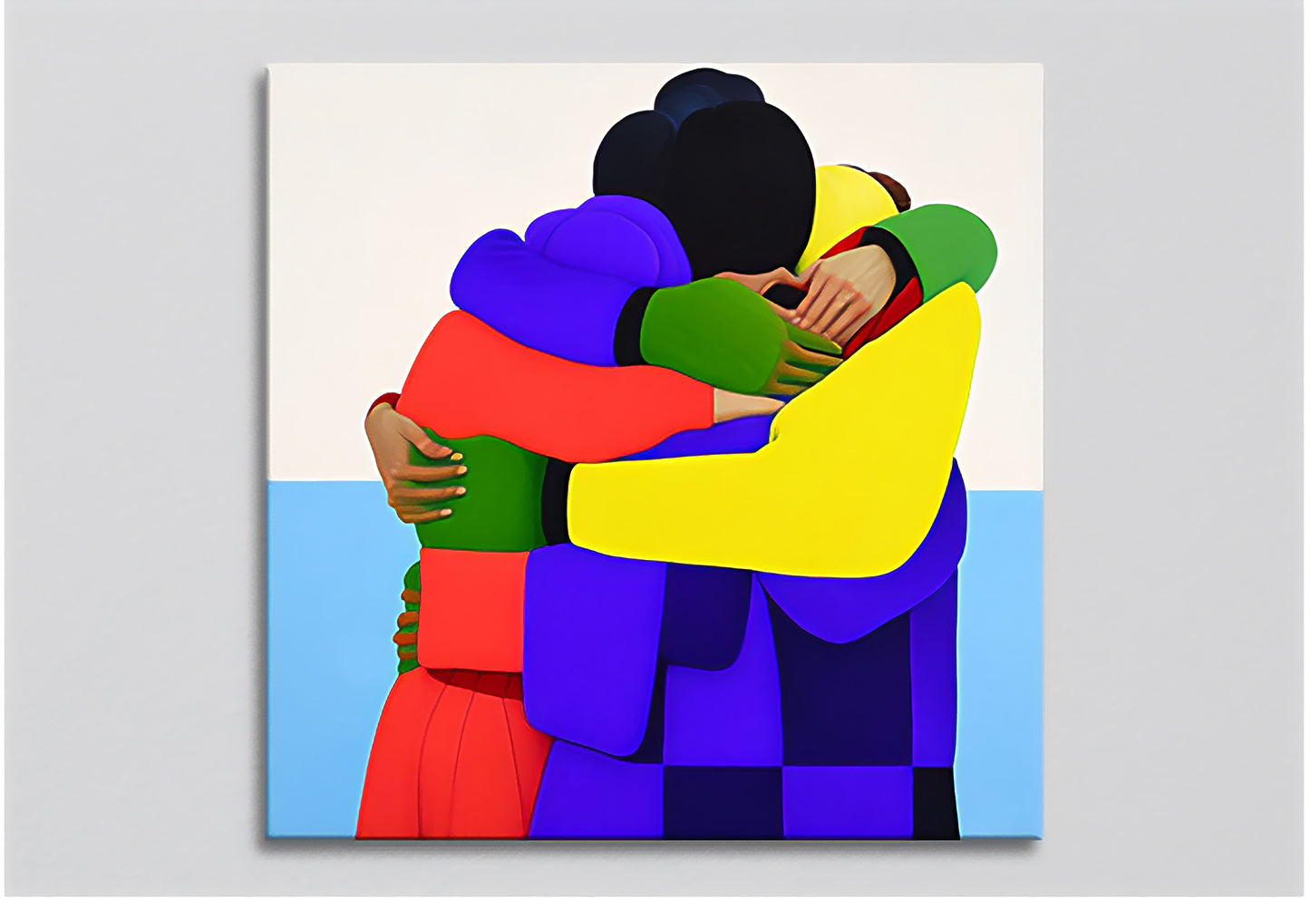Imagen artística de un grupo de personas abrazándose, representadas con formas geométricas y colores vibrantes como amarillo, azul, verde y rojo. La obra transmite un mensaje de unión y esperanza, ideal para decoración moderna y contemporánea.