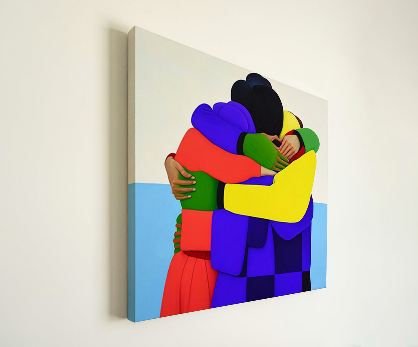 Imagen artística de un grupo de personas abrazándose, representadas con formas geométricas y colores vibrantes como amarillo, azul, verde y rojo. La obra transmite un mensaje de unión y esperanza, ideal para decoración moderna y contemporánea.