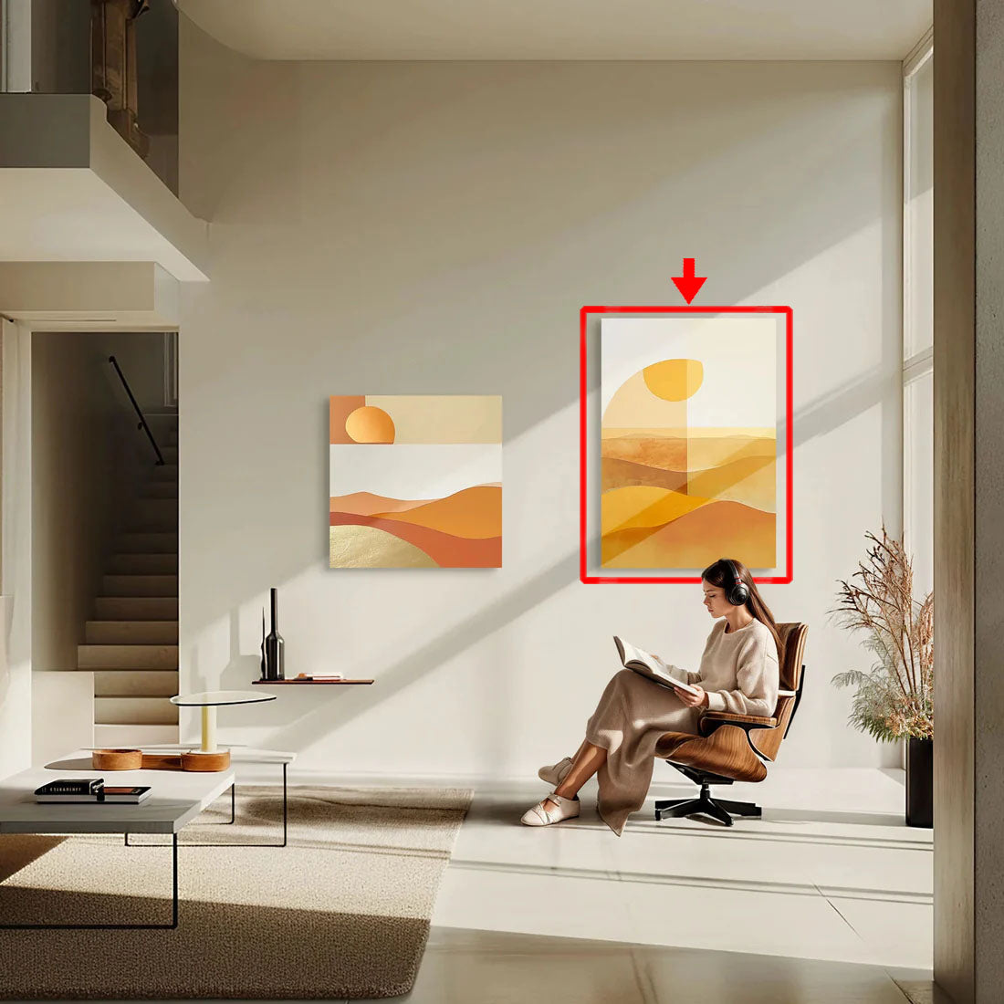 Imagen de arte minimalista que representa un paisaje desértico con colinas y un sol estilizado, usando tonos cálidos como naranja, dorado y beige. La obra combina formas geométricas simples con texturas suaves, ideal para una decoración moderna y elegante.