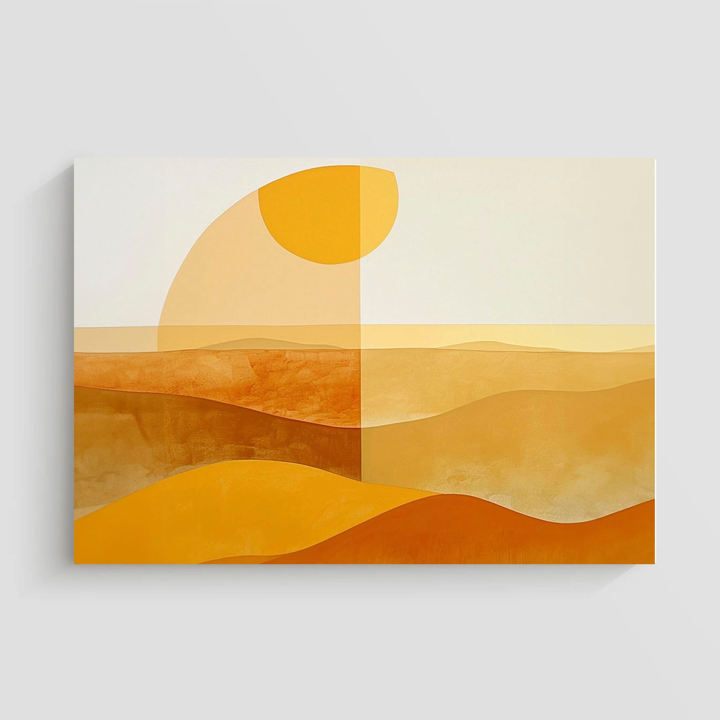 Imagen de arte minimalista que representa un paisaje desértico con colinas y un sol estilizado, usando tonos cálidos como naranja, dorado y beige. La obra combina formas geométricas simples con texturas suaves, ideal para una decoración moderna y elegante.