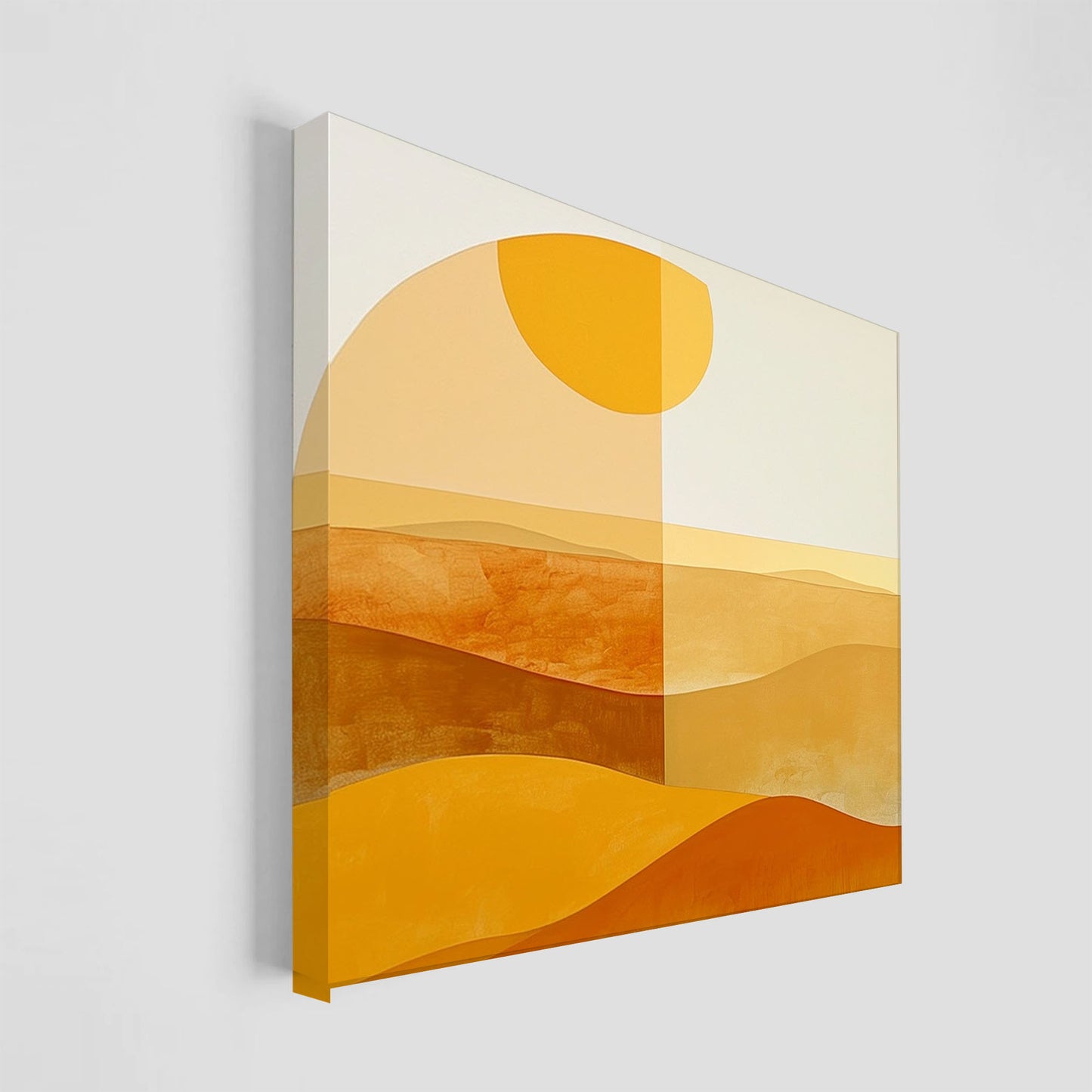 Imagen de arte minimalista que representa un paisaje desértico con colinas y un sol estilizado, usando tonos cálidos como naranja, dorado y beige. La obra combina formas geométricas simples con texturas suaves, ideal para una decoración moderna y elegante.